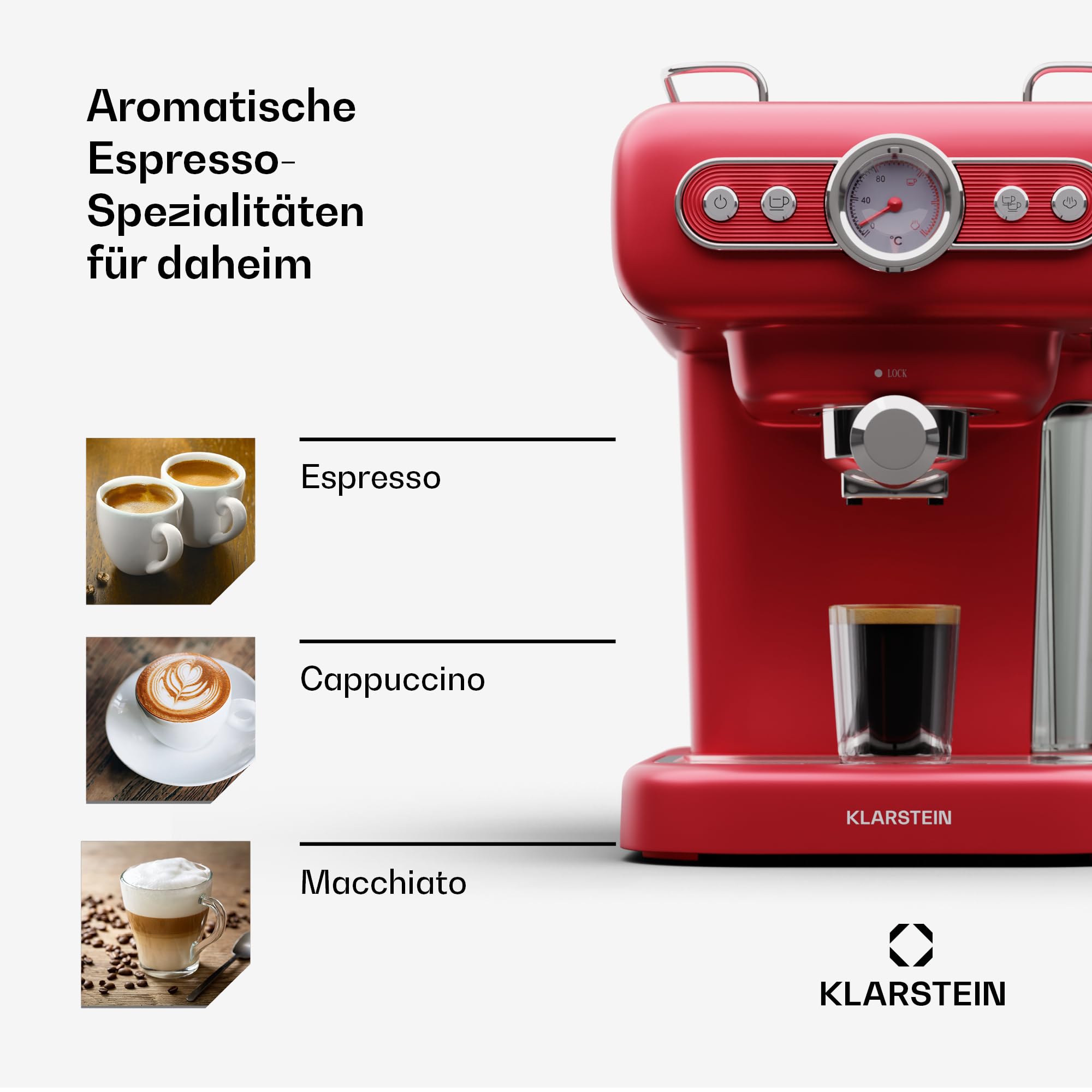 Klarstein Espressomaschine mit Siebträger, 950 W, 1,2 L, Edelstahl, Retro Mini-Espressomaschine für Cappuccino, Latte & Macchiato