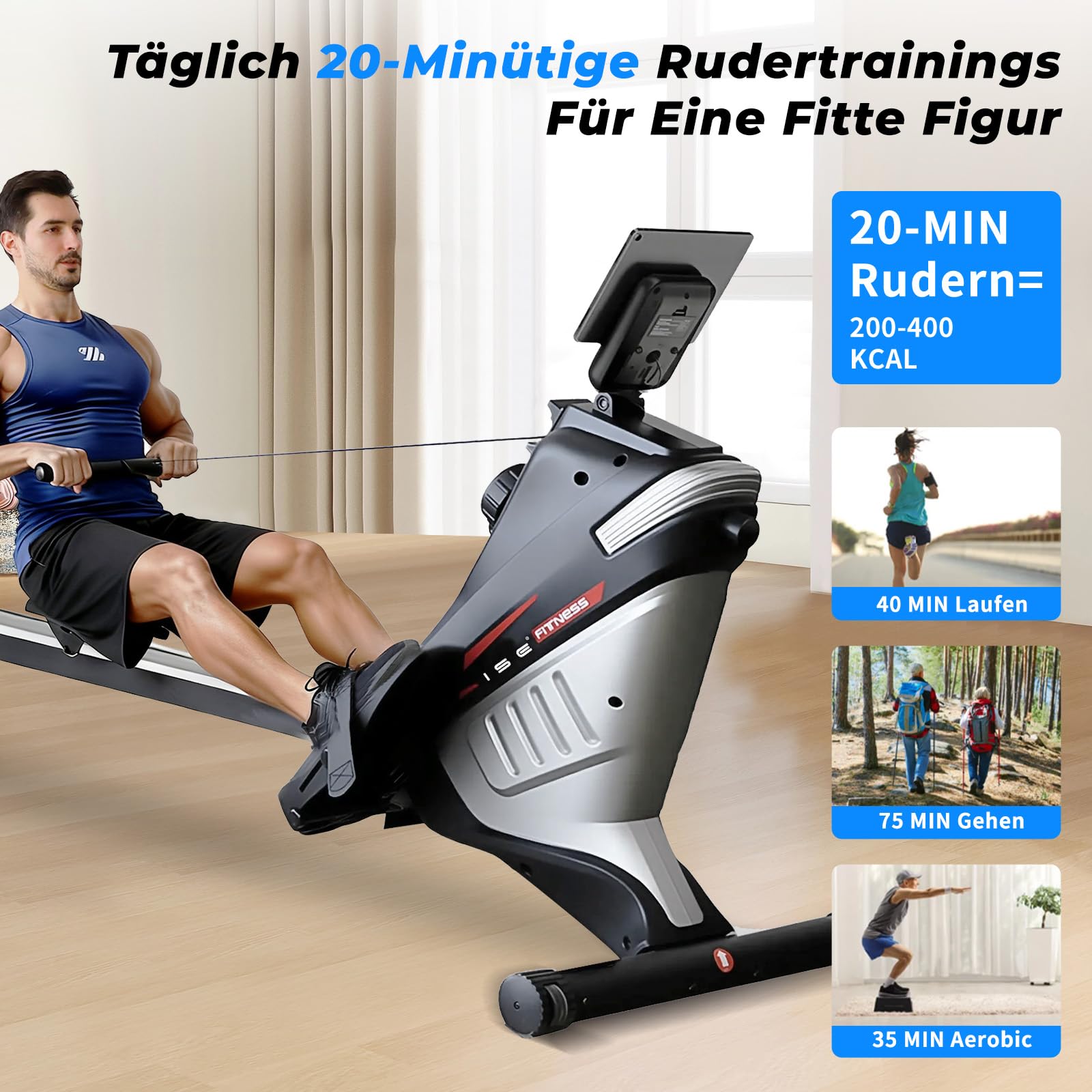 ISE Rudergerät für Zuhause, Magnetisches rudergerät mit APP & LCD-Display & 8 Widerstandsstufen, Magnetisches Rudergerät,Leise Rudermaschine für Cardio-Training,Indoor-Gerät für das Home-Gym