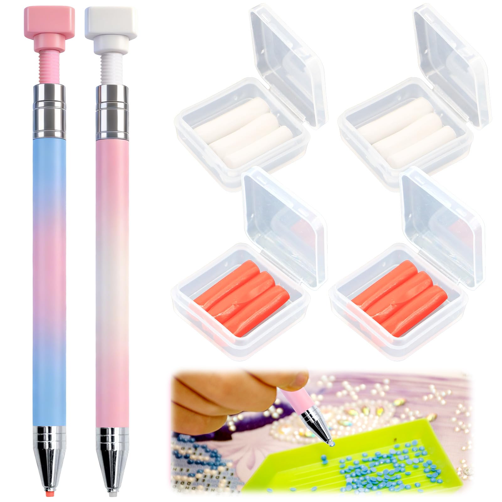 2 Pcs Diamond Painting Pens with Wax, Refillable Wax Pen, Rotating Glue Point Drill Pen for Nail Art Rhinestones, Diamond Art Accessories and Tools, Quickly Pick Up Beads Gems(Gradient Color)