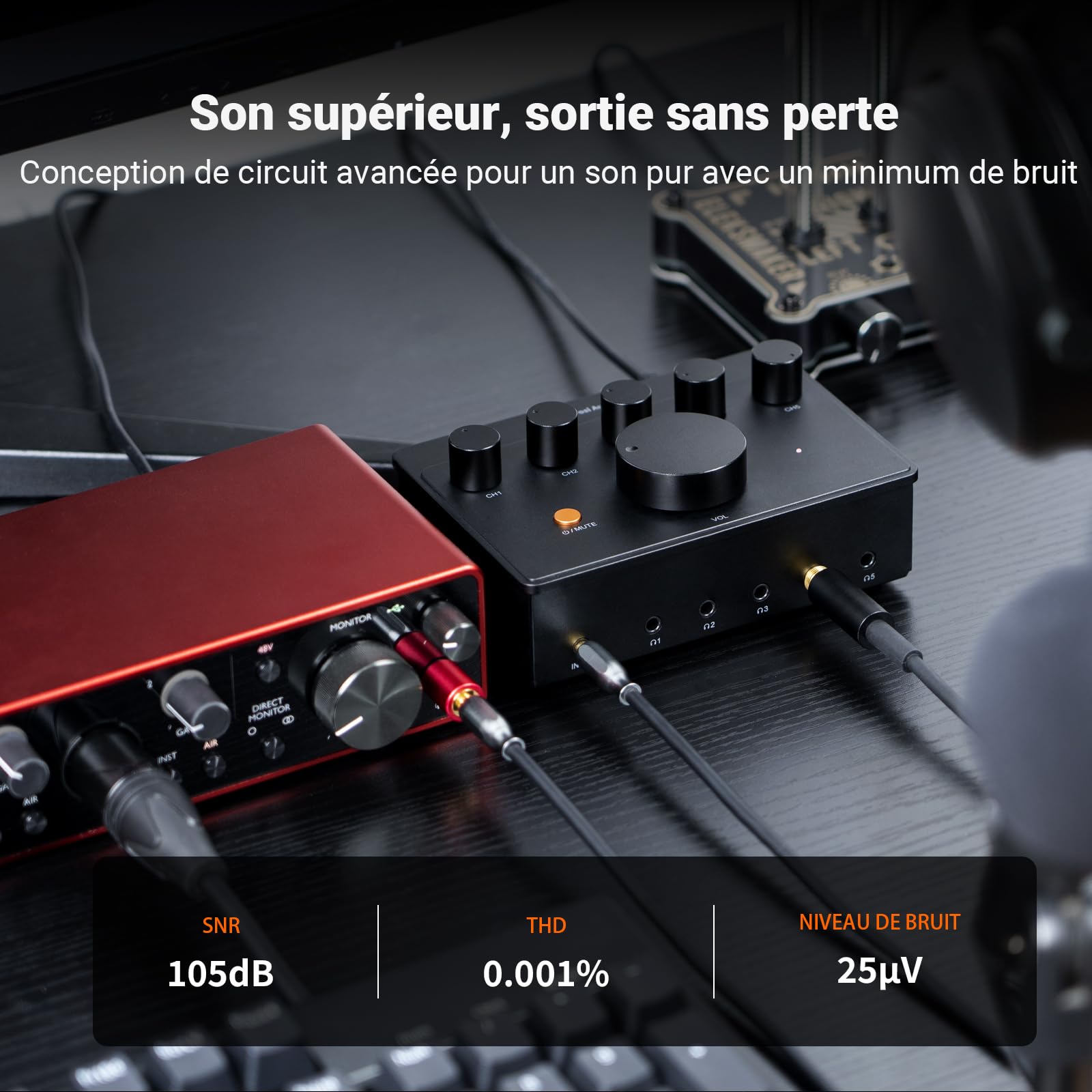 Fosi Audio PH05 Amplificateur Répartiteur de Casque 5 Canaux, Mini Ampli pour Mixeur de Studio de Musique, Partage Audio, Moniteur de Podcast, Prend en Charge 16-300 Ohm Haute Impédance IEM