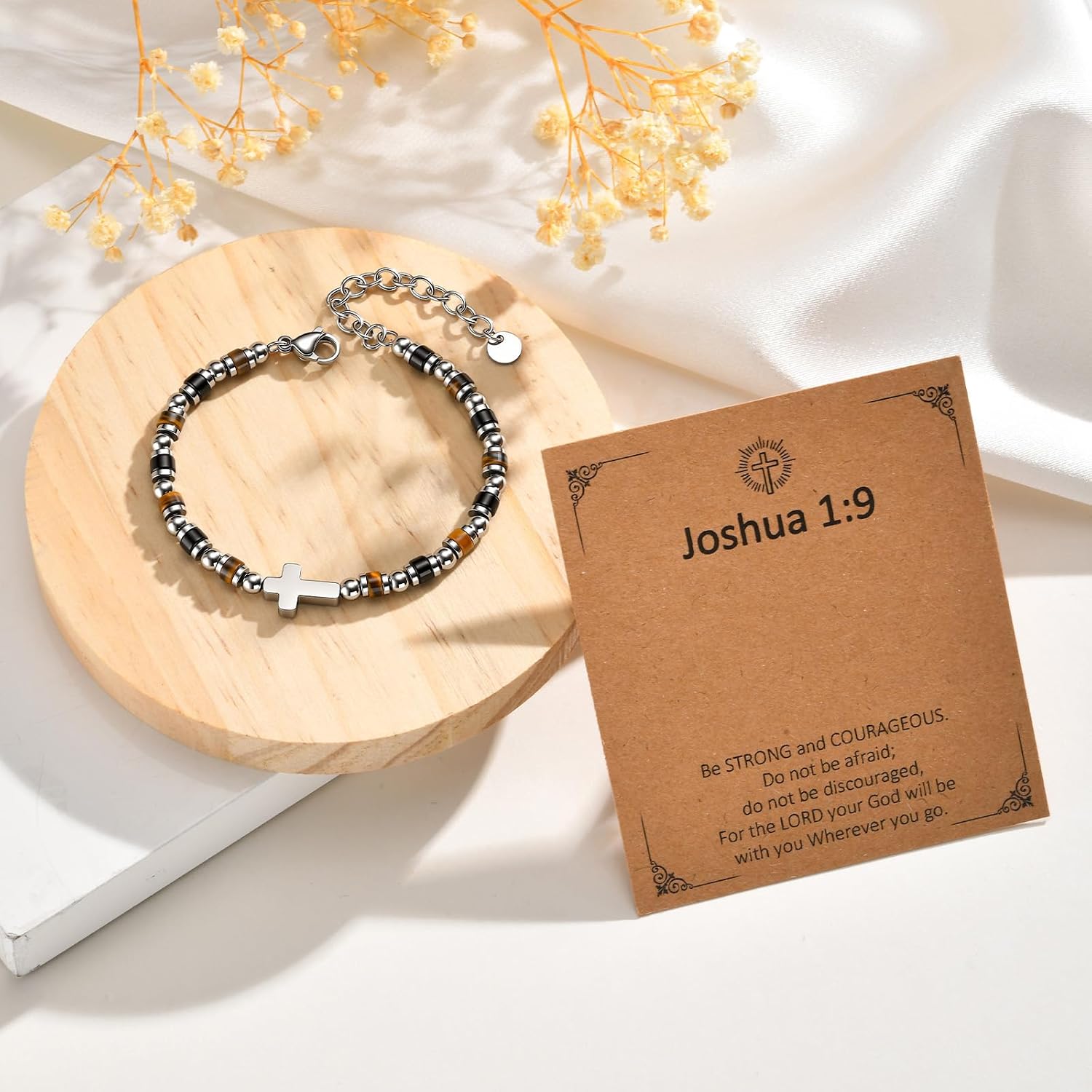 Cross Bracelet for Kids Teen Boys - Joshua 1:9 Bible Verse Bracelet, Stainless Steel Adjustable Beaded Bracelet Inspirational Christian Religious Gift for Grandson Son Nephew