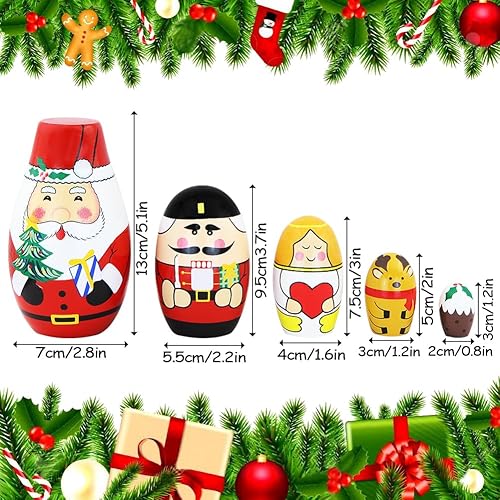 Miniatura 4 de Winterworm Juego de 5 muñecas anidables de Navidad, regalo de Papá Noel, soldado, ángel, alce, madera, Matryoshka, manualidades, muñeca de anidación
