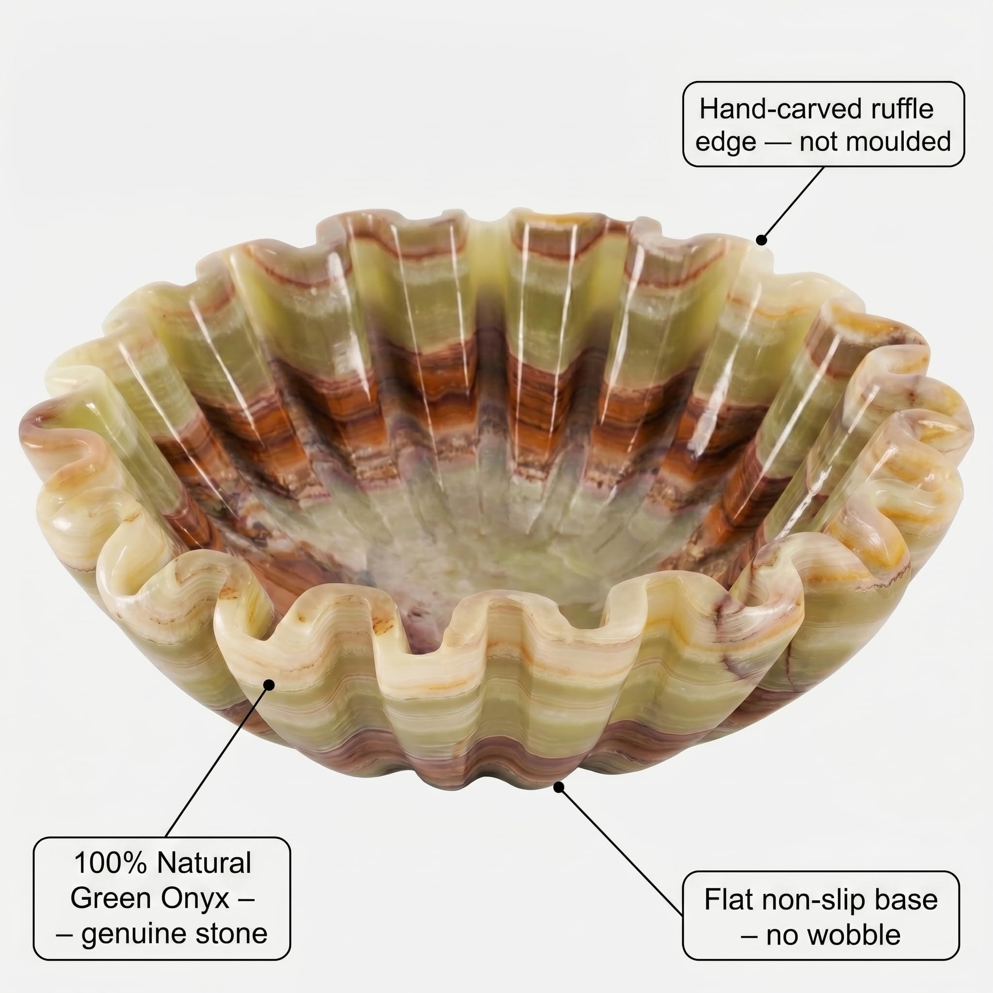 SPESHSTONES Cuenco decorativo de mármol de ónix verde de 8 pulgadas, hecho a mano, cuenco festoneado con volantes para encimera de cocina, centro de mesa de comedor y cuenco para llaves de entrada