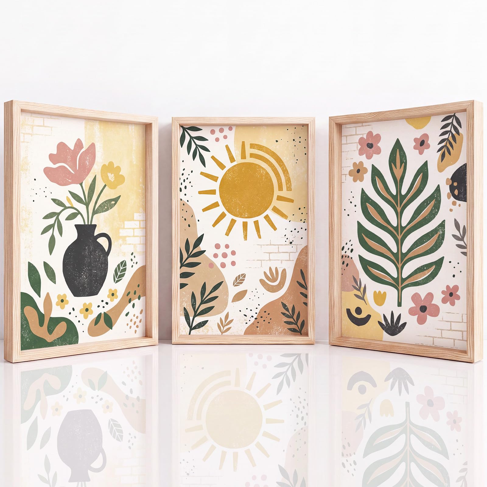 Generisch Juego de 3 pósteres abstractos bohemios, cuadros de pared botánicos floreros florales con hojas de sol, salón, dormitorio, comedor, arte de pared, sin marco, lienzo (40 x 60 cm)
