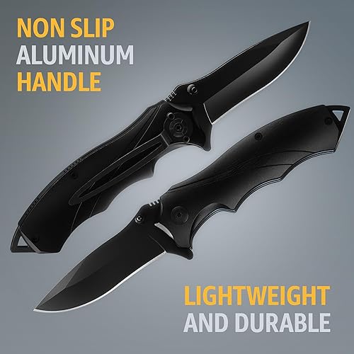 Miniatura 6 de Grand Way Cuchillo táctico para hombre  Cuchillo de bolsillo negro  El mejor cuchillo asistido por resorte con rompedor de vidrio y clip de bolsillo