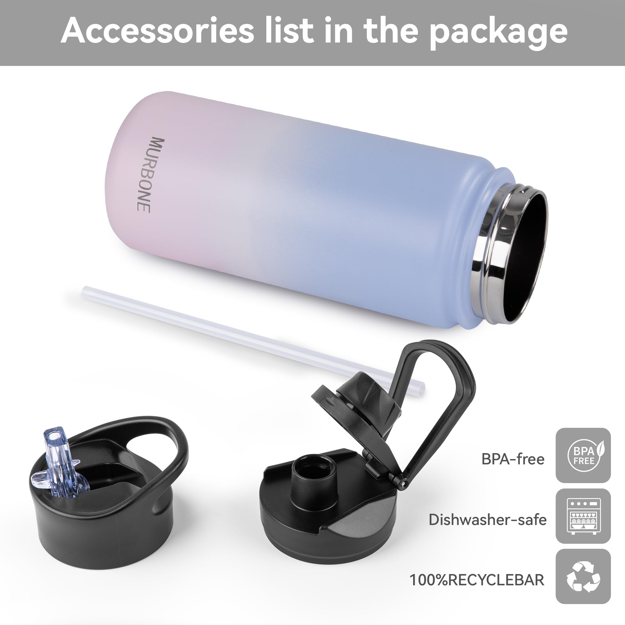 MURBONE Insulated Water Bottle, 500ml Stainless Steel Drink Flask with Straw, BPA Free, 2 Lids (Straw Lid and Spout Lid) - Image 3