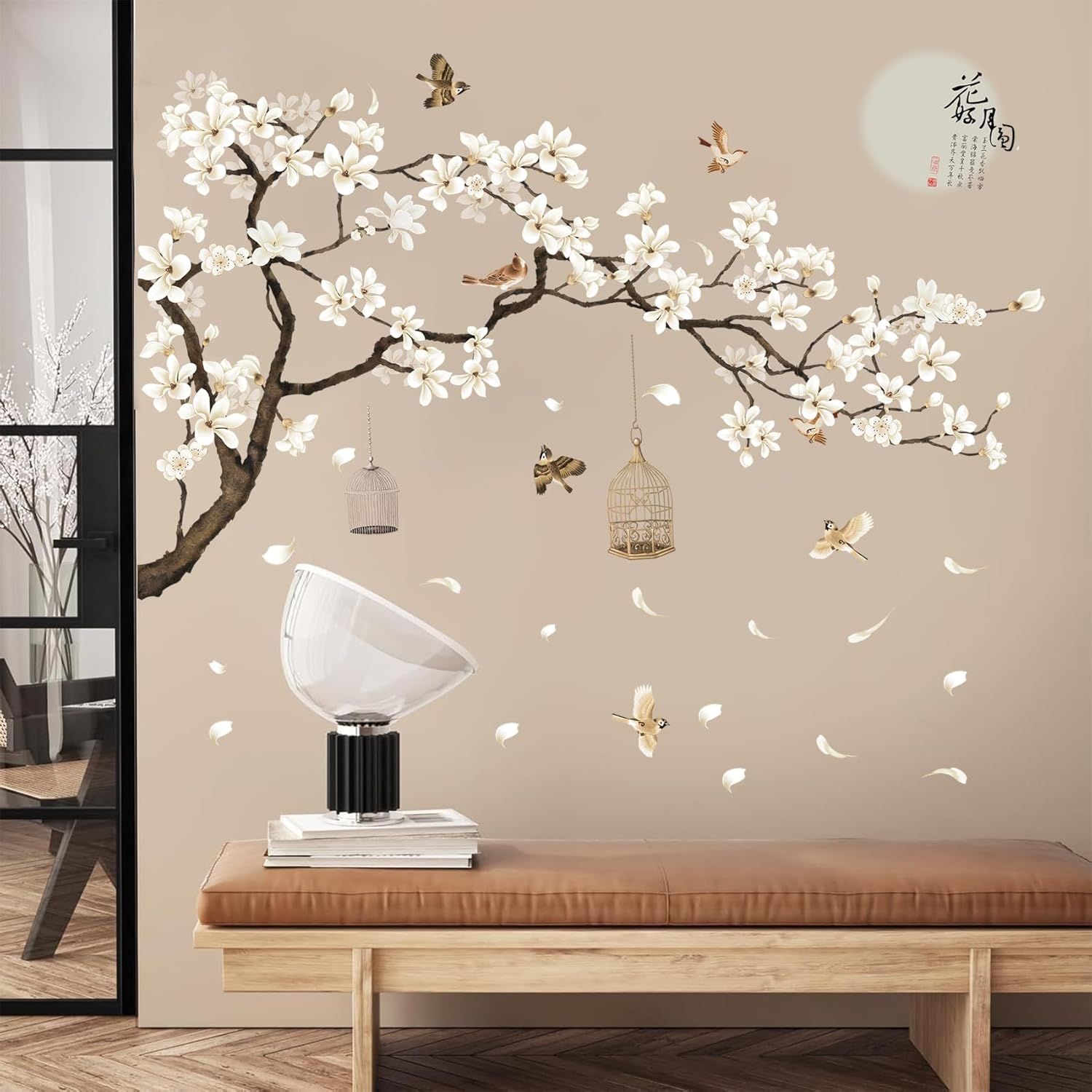 Large Chinese Style White Flowers Wall Stickers with Black Tree Flying Birds Wall Decals, Removable DIY Wall Art Decor Murals for Offices Living Room Bedroom Study Room Home Walls Decoration, 50x74in