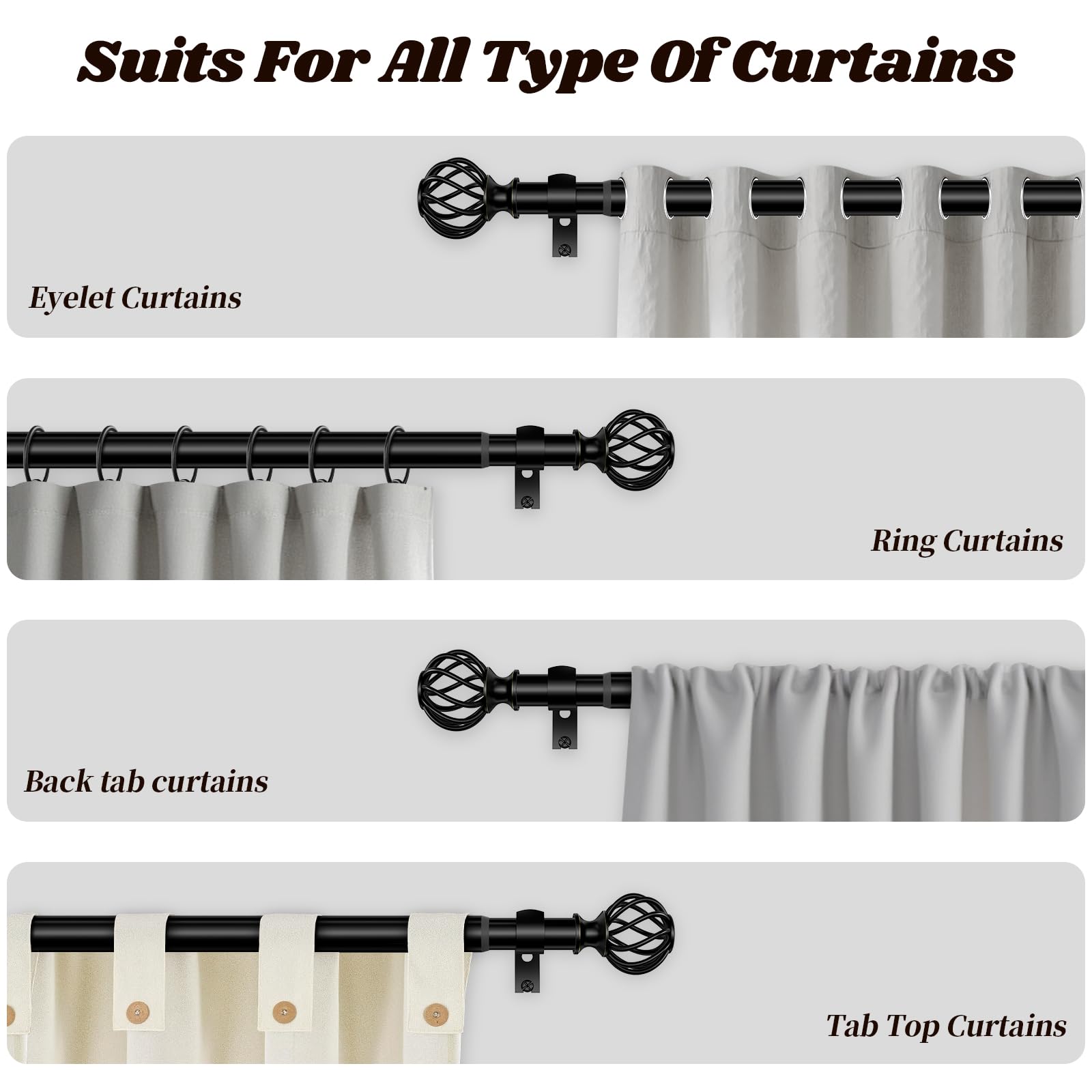 Black Curtain Rods - 48-90 Inch, Heavy Duty -7