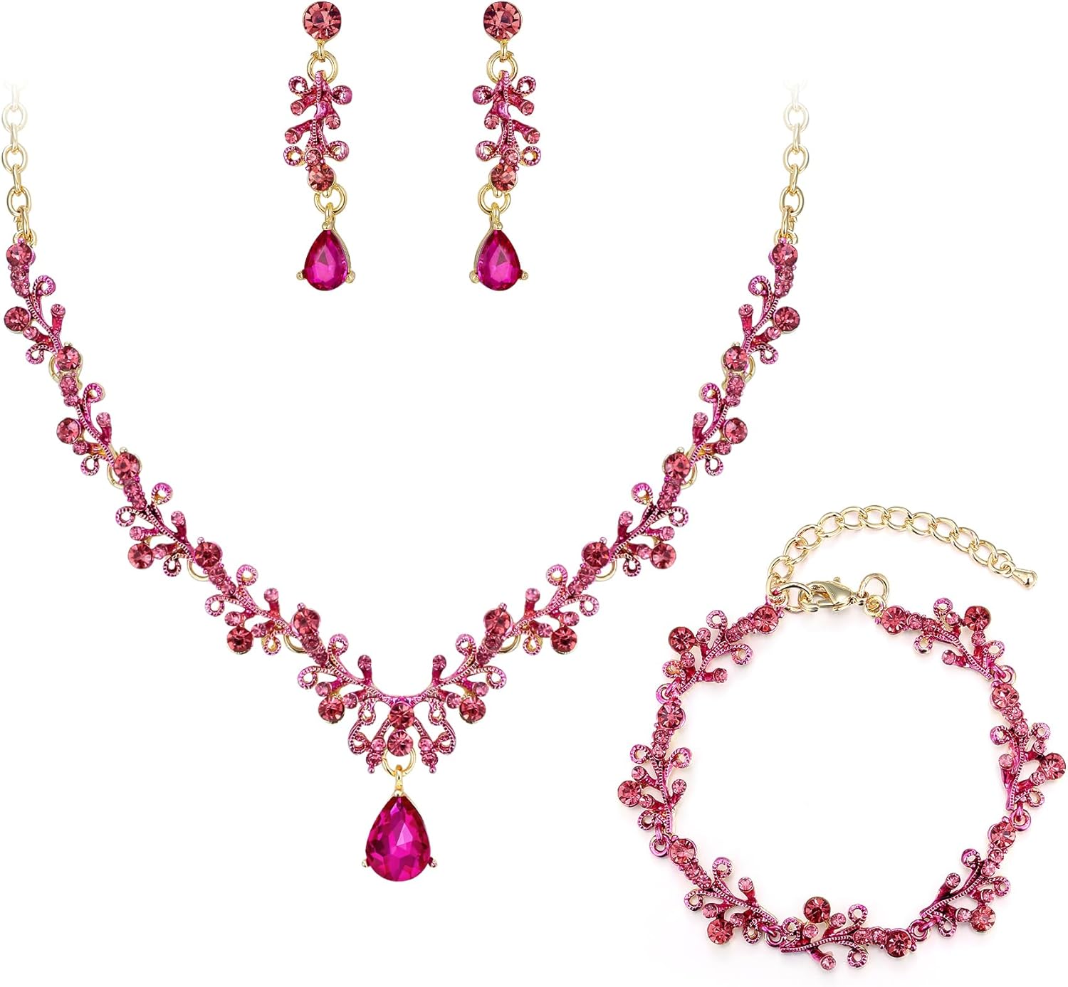 BriLove Bridal Jewelry Set for Women,Shiny Rhinestone Teardrop Leaf Cluster Statement Necklace Dangle Drop Earrings Link Bracelet for Wedding Party Prom Accessories