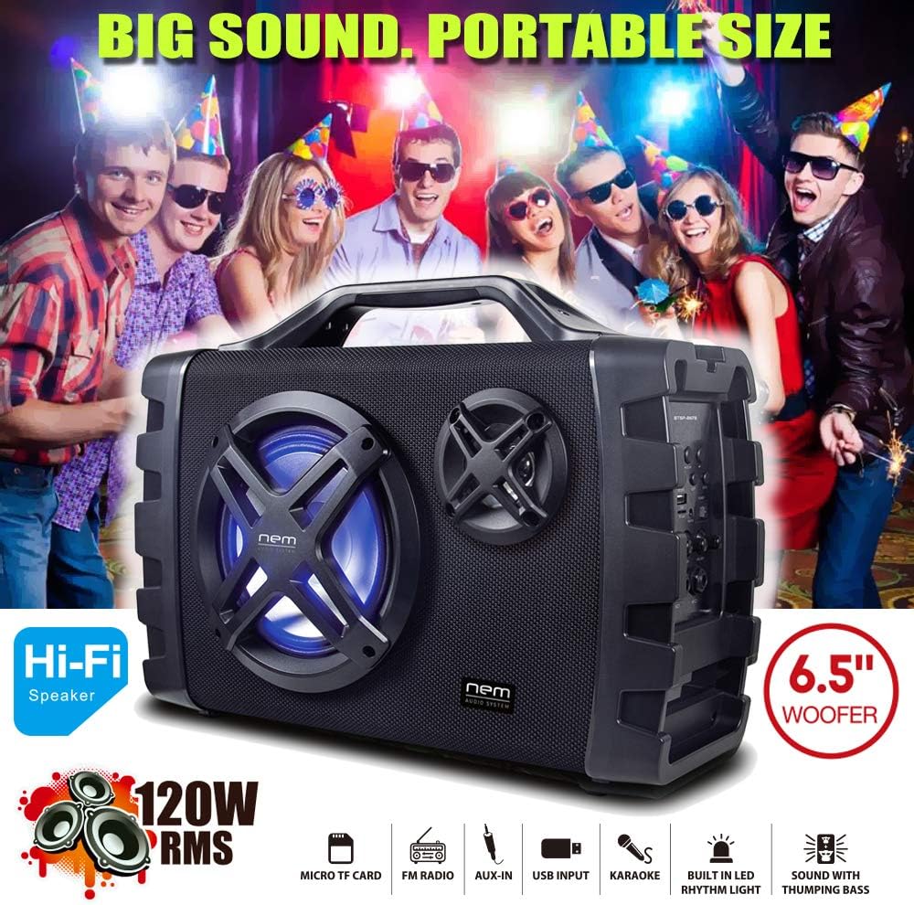 NEM Mobi7e Portable Wireless Bluetooth High Performance Stereo Speaker Extra Bass, USB Recording, Rechargeable Battery, AUX and TF Card Input, FM Radio, MP3, Mic and Guitar Input, LED Lights (Black)