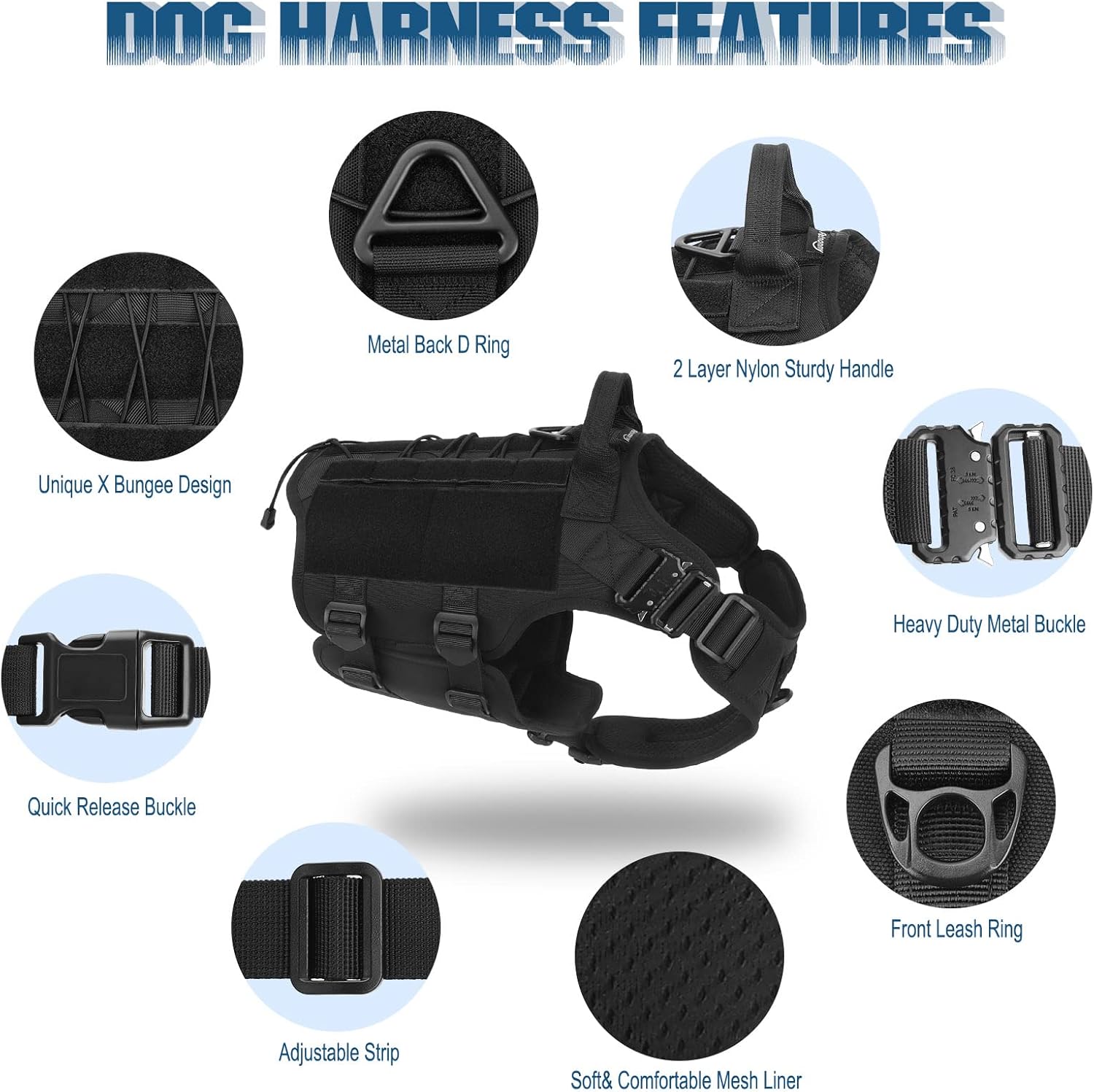 PETNANNY Tactical Dog Harness, Military Dog Harness for Medium Large Dogs, No Pull Service Dog Vest with Hook & Loop Panels, Working Dog Molle Vest for Training Hunting Walking (Black, Large) : Pet Supplies