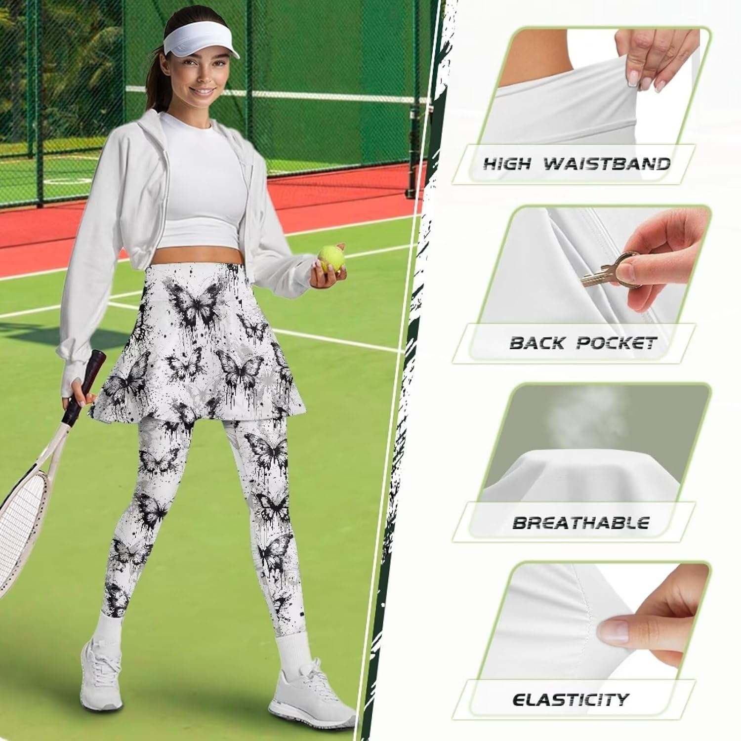 Women's Yoga Tennis Leggings with Skirt Comfortable Elastic Gym Running Skirted Leggings Stylish Athletic Skorts
