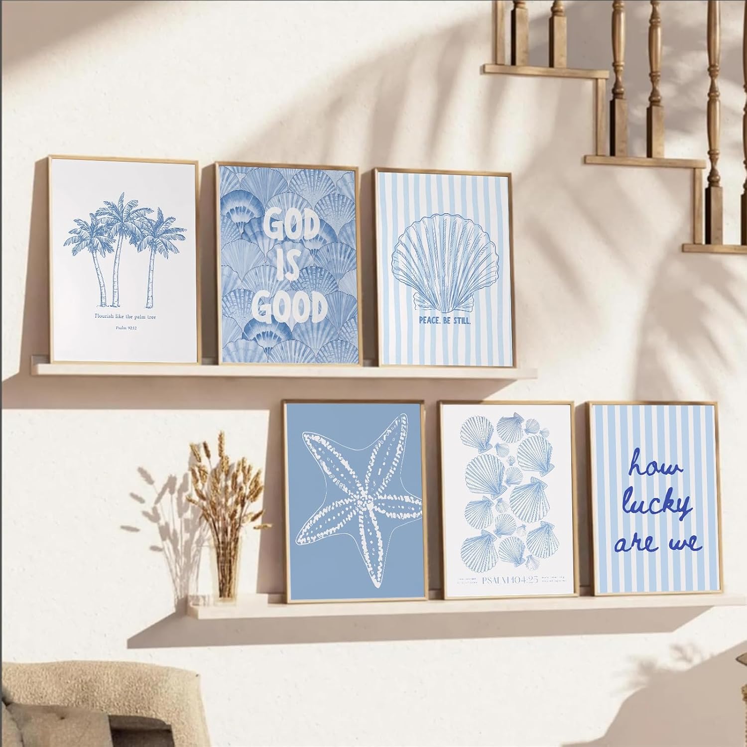Kabcod 6Pcs Blue Coastal Wall Art,Beach Preppy Poster,Coastal Granddaughter Canvas Prints,Aesthetic Beachy Picture,Coast Ocean Shell Artwork,for Girls Girly Dorm Home Decor 8x10x6 Inch Unframed