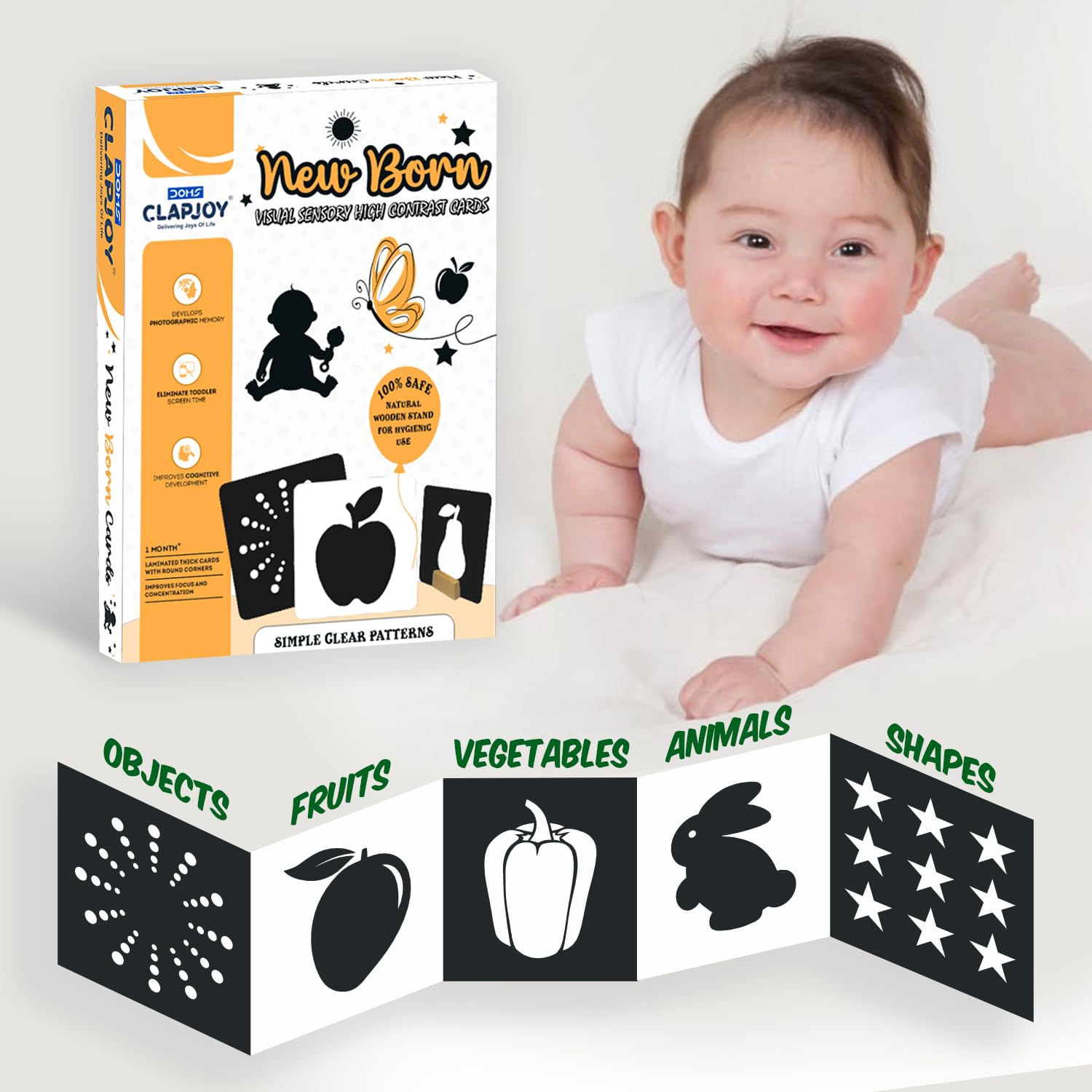 Clapjoy Black and White | 40 Objects | 20 Flash Cards for Infant Babies for Age 0-12 Months Visual Stimulation and Brain Development |Montessori Sensory Cards| Best Gift for New Born Babies