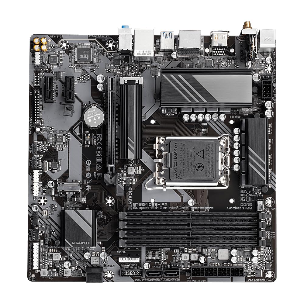 GIGABYTE B760M DS3H AX Scheda Madre - Supporta processori Intel Core 14ª generazione, VRM digitale a 6+2+1 fasi, fino a 7600MHz DDR5 (OC), 2x PCIe 4.0 M.2, Wi-Fi 6E, LAN 2.5GbE, USB 3.2 Gen 2