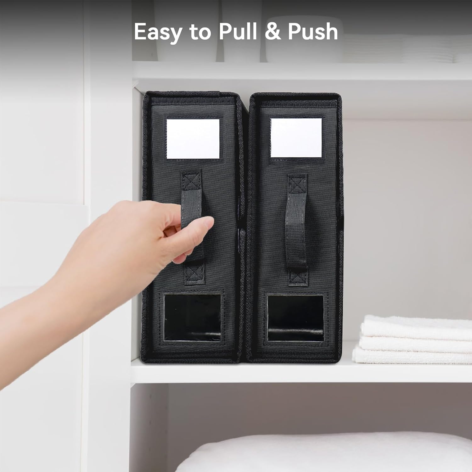 Bed Sheet Organizer 4 Pack Foldable Linen Closet Organizers and Storage (Queen & King Size) Fabric Container Boxes with Clear Window and Handle for Blanket Comforter Pillow, Black