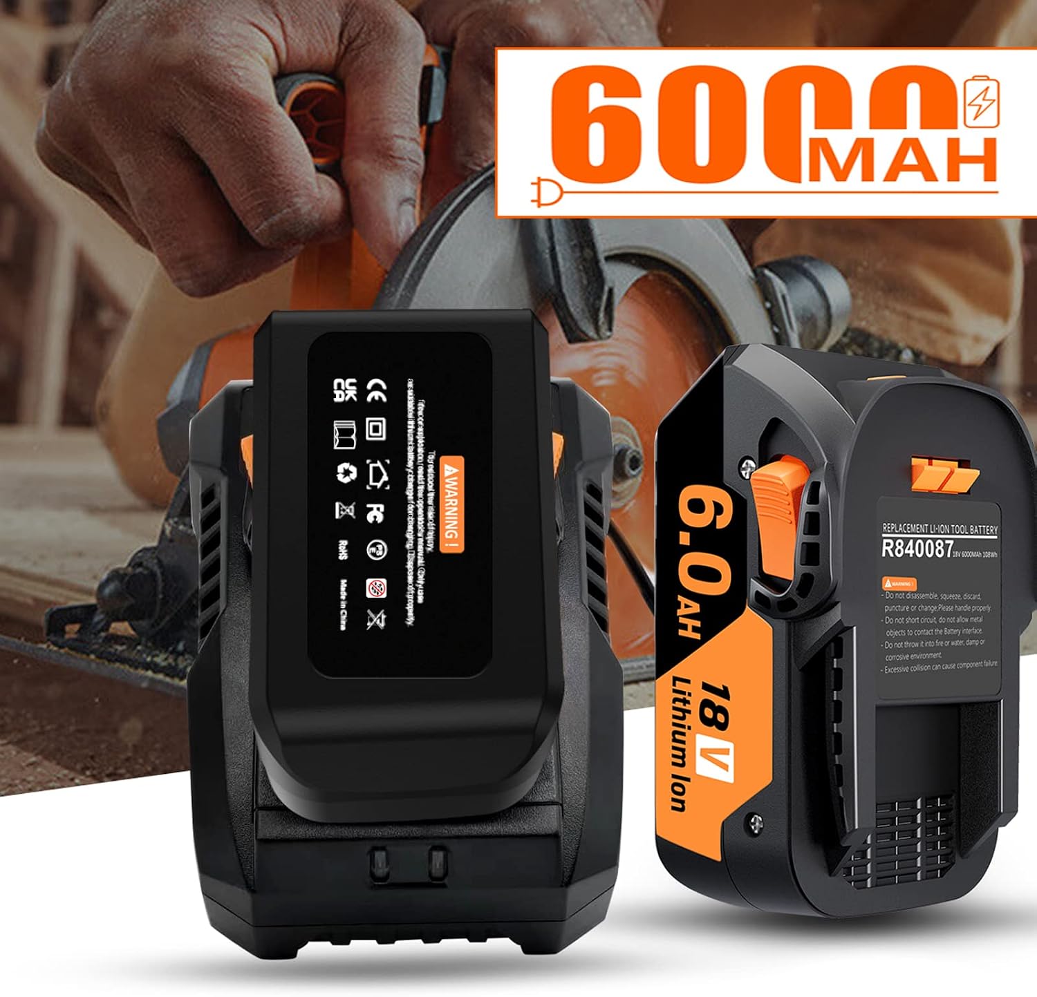 [Upgraded] 6000mAh 2Pack Replacement Battery for RIDGID 18V Compatible with RIDGID Battery 18V R840085 R840086 R840087 R840083 R840084 AC840087P AC840086 AC840085 Power Tool Replacement Battery