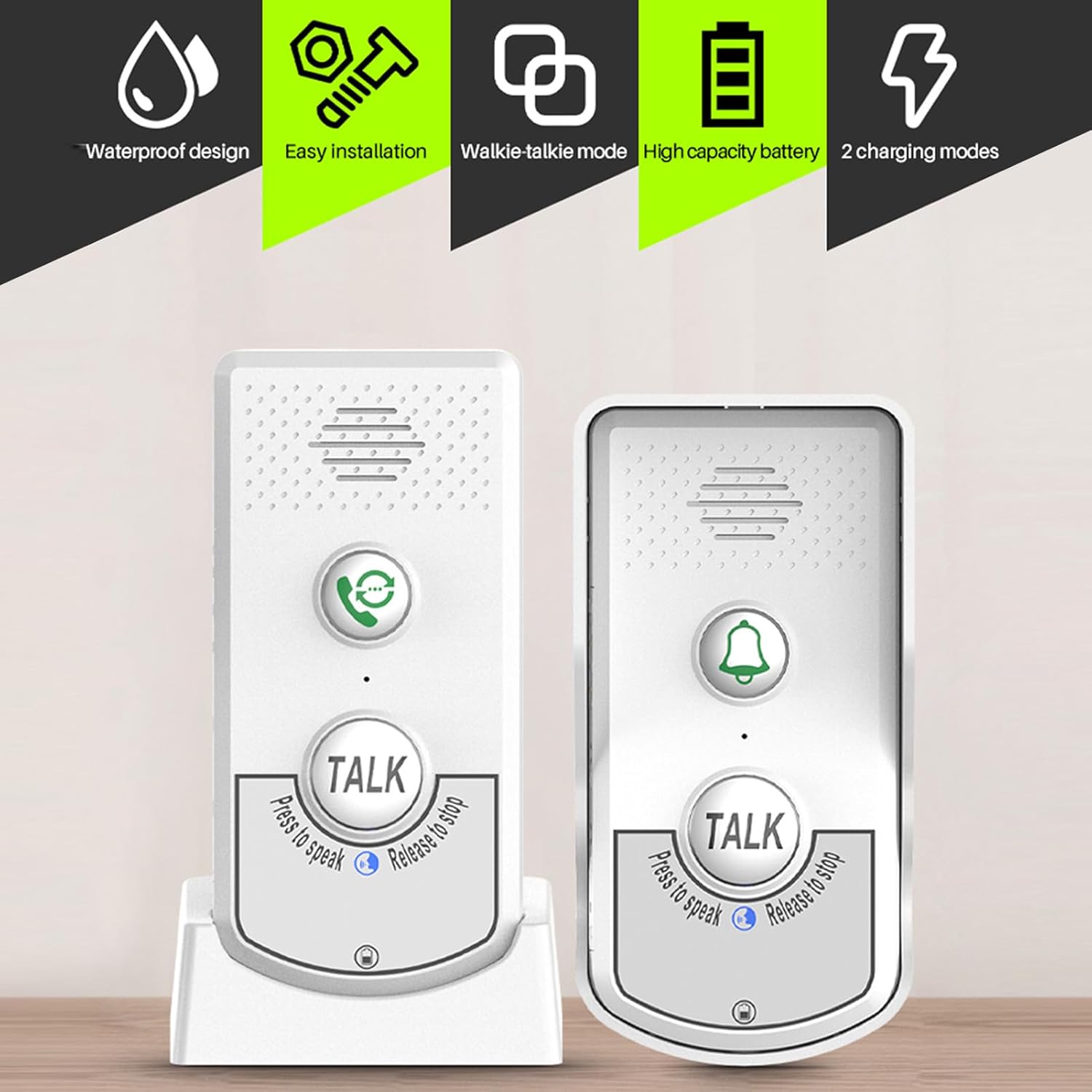 Intercom Doorbell, Long Range, with 2 Outdoor Units 1 Indoor Unit, Adjustable Settings, Versatile Application, User Friendly Design, (White)