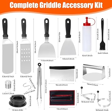 27Pcs Griddle BBQ Accessories, Professional Stainless Steel Barbecue Utensils Set with Burger Press, Spatulas, Egg Rings,Cleaning Tool & Carry Case, Outdoor Cooking Gift for Men Dad BBQ Lovers