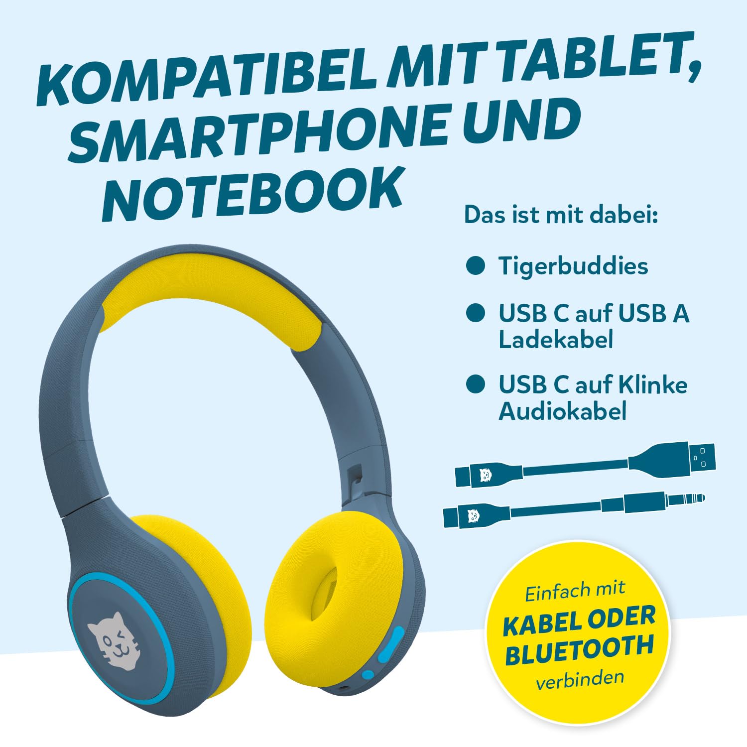 tigermedia tigerbuddies Bluetooth Kopfhörer Kinder | Faltbare Kinder Kopfhörer ab 4 Jahren | Mit Lautstärkebegrenzung 85 dB | Bequemer Sitz & klarer Stereo-Klang | Kinderkopfhörer mit Kabel