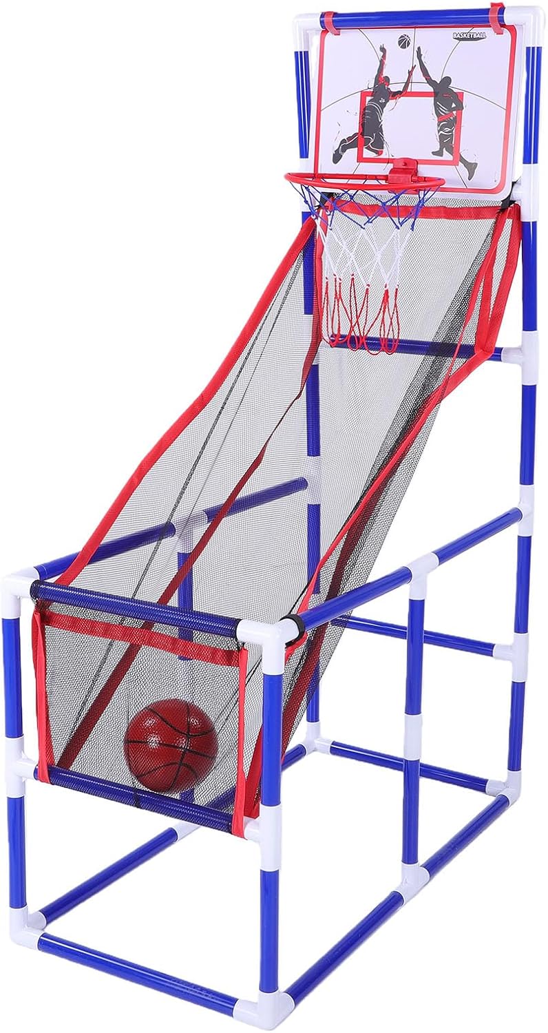 Basketball Game Set Automatic Ball Return and Storage System Mesh Base Easy Storage Basketball Play Toy with 4 High Bounce Silent Balls and Portable Air Pump for Boys Girls