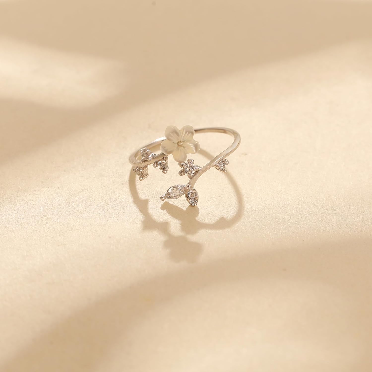 Dainty Flower Ring for Women 925 Sterling Silver Cute 14K Gold Plated Sparkling White Shell Cubic Zirconia Lucky Leaf Ring for Mom Statement Promise Fidget Ring Band Birth Valentine's Day Jewelry Gift - Image 6