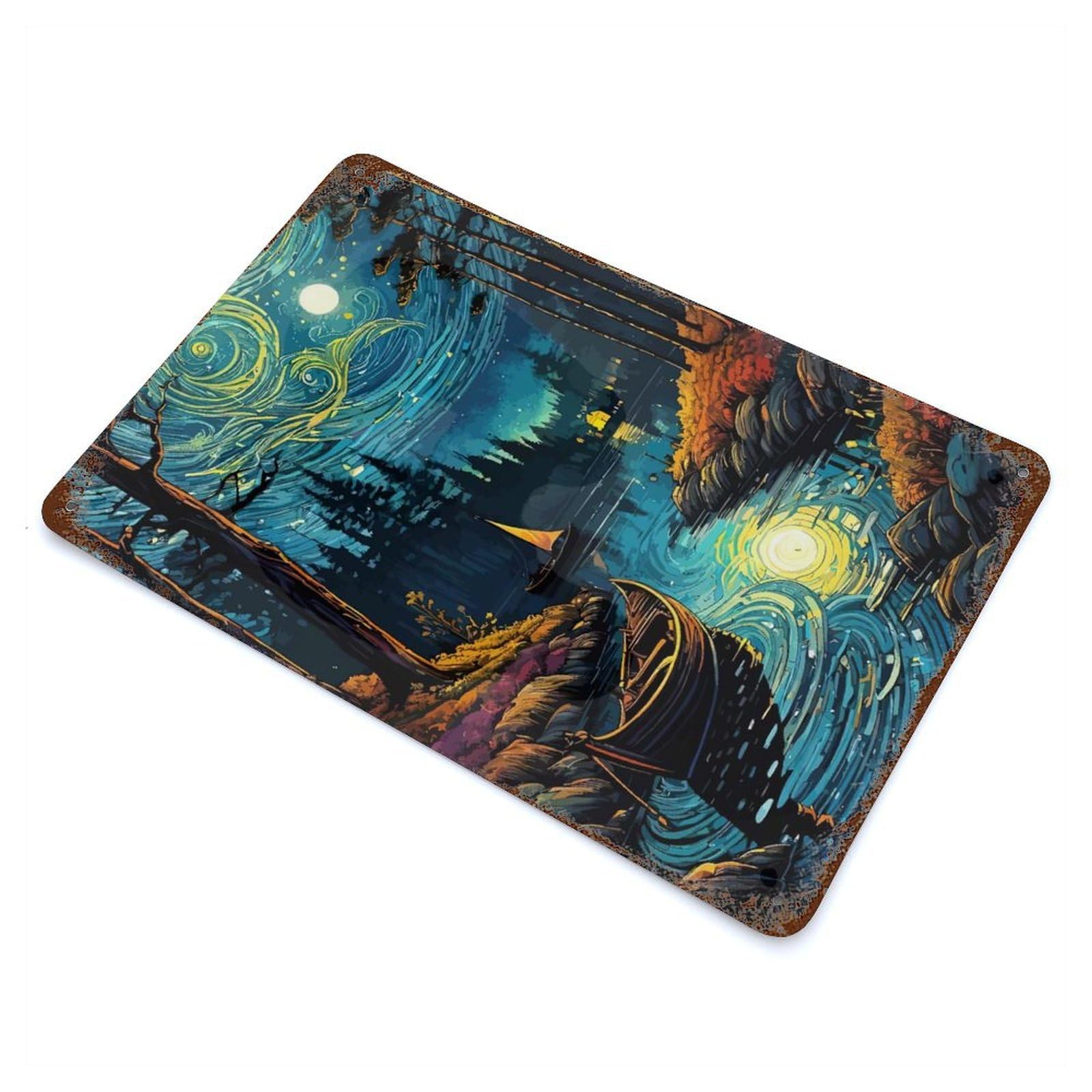 Starry Night Lake Weathered Tin Sign 11.8"x7.9", for Garage, Bar And Workshop Decor, Vintage Wall Decor
