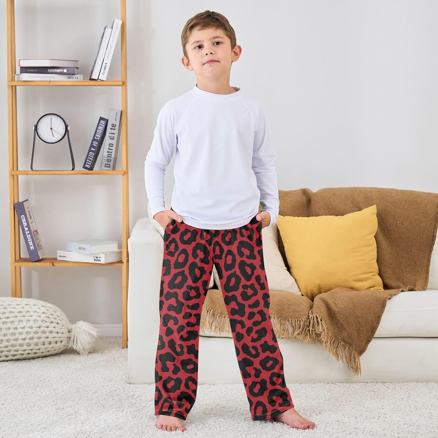 visesunny Leopard Print Black Red Boys Pants for Kids Fleece Bottoms Long Jogger Pants Trousers with Pockets Size 6-14Y