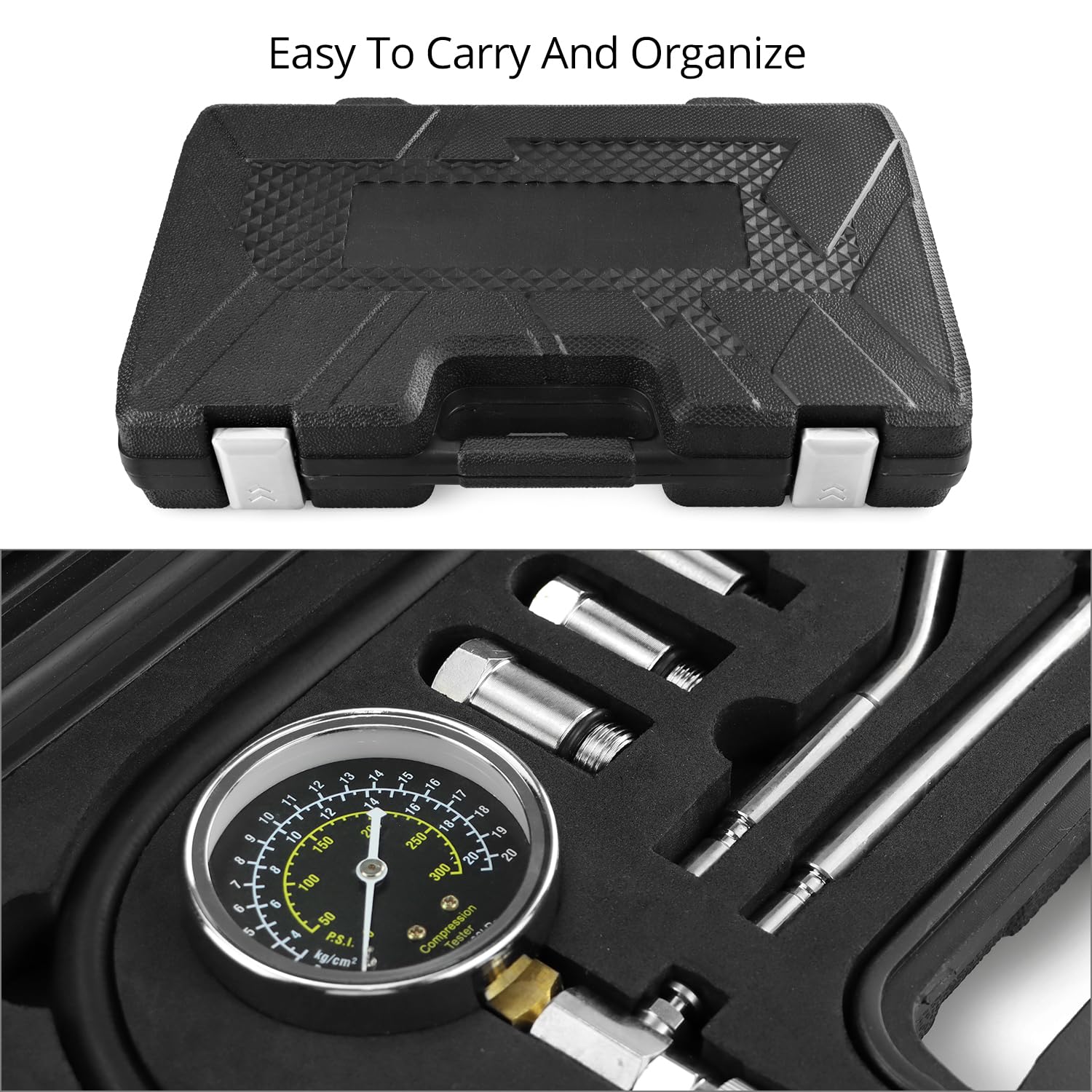 QWORK® Juego de comprobador de compresión para motores de gasolina, medidor de compresión del cilindro del motor con rango de medición de 300 PSI, incluye adaptador M10 M12 M14 M18