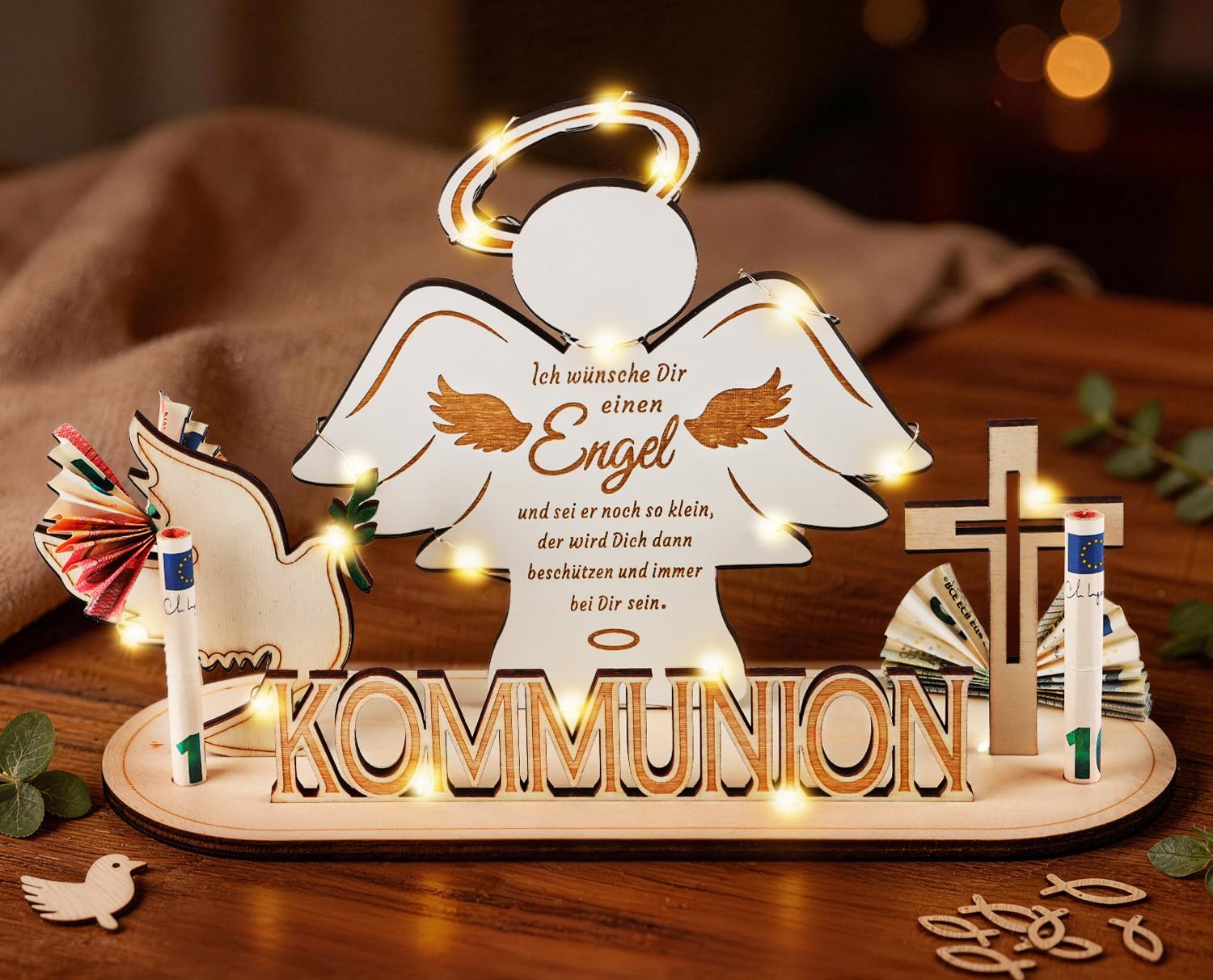 Giftota Geldgeschenk Kommunion Holz mit LED Lichterkette, Kreative Kommunion Geschenke für Mädchen Jungen, Schutzengel Deko Geschenk