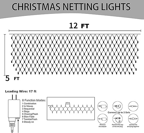 Miniatura 7 de Dazzle Bright 360 luces LED de red del Día de San Patricio, cadena de luces impermeables conectables de 12 x 5 pies con 8 modos, decoraciones de