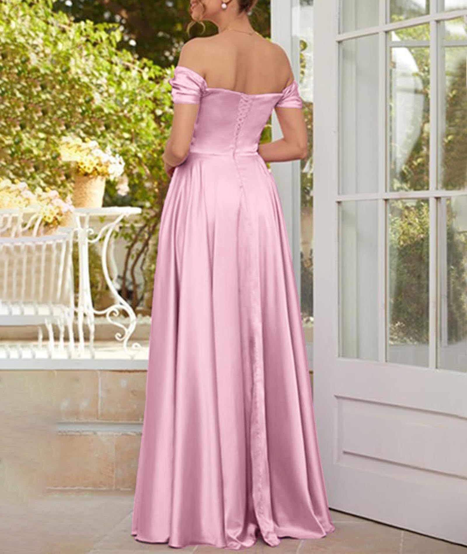 ECDAHICC Vestido de dama de honor sin hombros para mujer, de satén, con abertura larga, elegante, formal, línea A, vestido de boda y fiesta