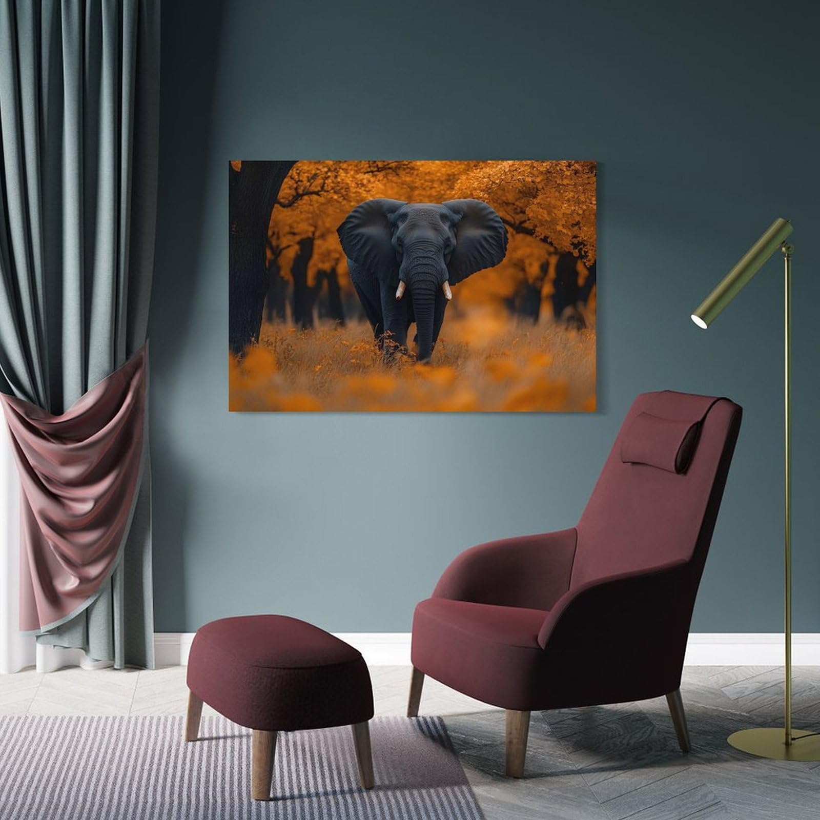 Junmoney Elephant in Autumn Landscape Canvas Wall Decor, 24x36inch(60x90cm), for Home Lounge, Bedroom Or Reading Nook, Modern Wall Decor for Cosy Interiors