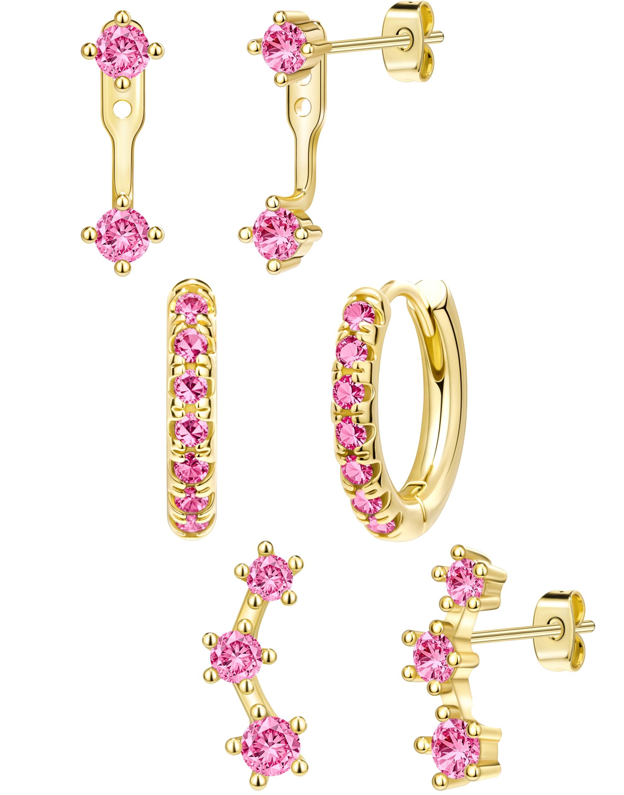 Gold Stud Earrings Set for Women, 3 Pairs Huggie Hoop Jacket Studs Earring Stacks, Hypoallergenic 925 Sterling Silver Post Dainty Birthstone Trendy Women Fashion Accessories Jewelry Gifts