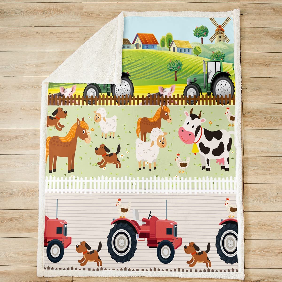 Kinder Karikatur Bauernhof Tiere Decke 150x200cm Flanell Fleecedecke für Jungen