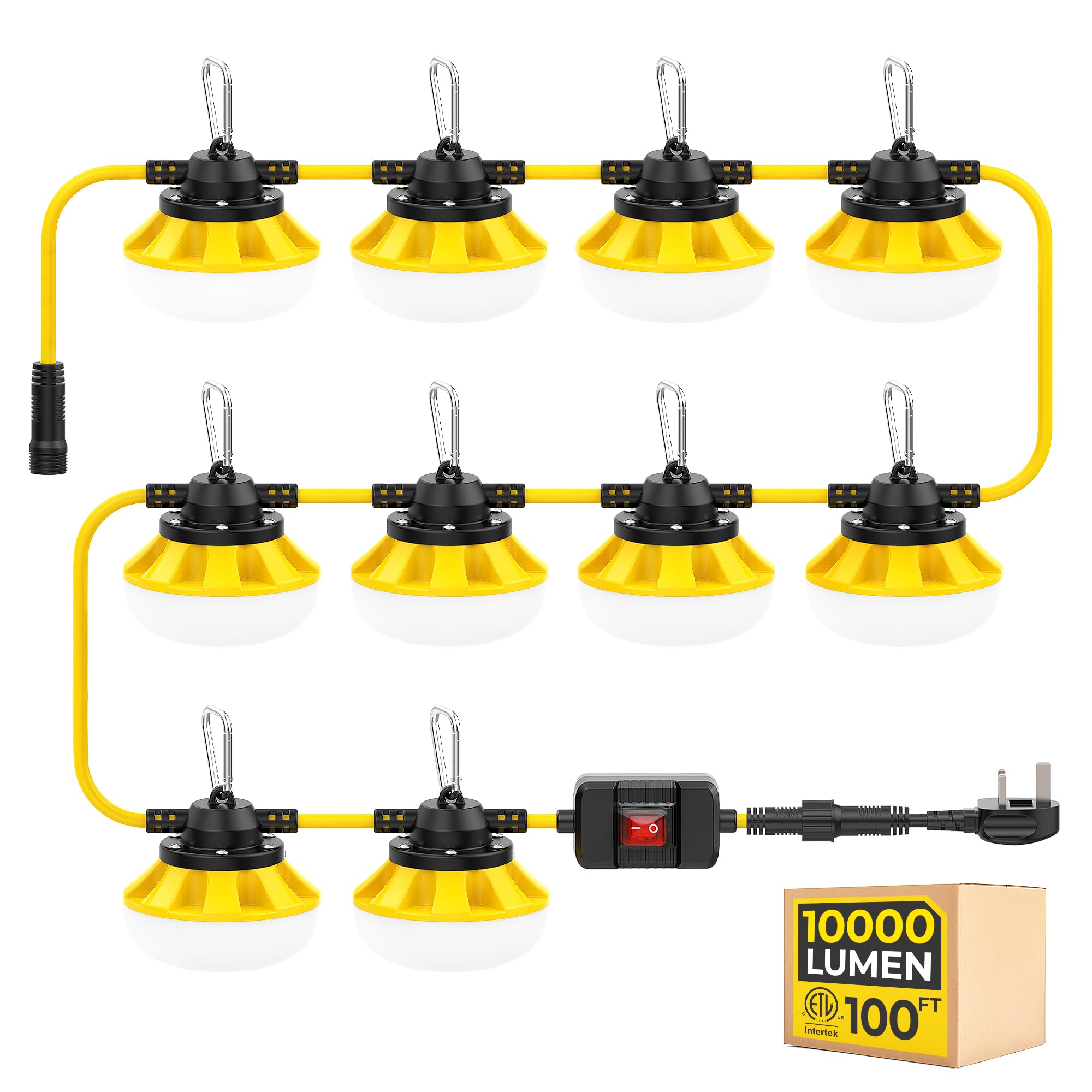 HYANGLUX 100FT Construction String Lights with Switch & Replaceable Bulbs, LED Work Light, ETL Certified, IP65 Waterproof, Linkable up to 8 Sets, for Jobsite, Attic, Garage