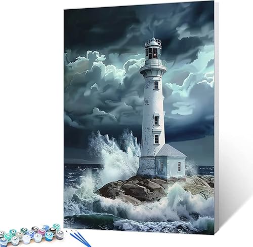 Pintura de faro de fantasía, pintura dramática por números, 16 x 20 pulgadas, lienzo para bricolaje, pintura al óleo del océano tropical, para