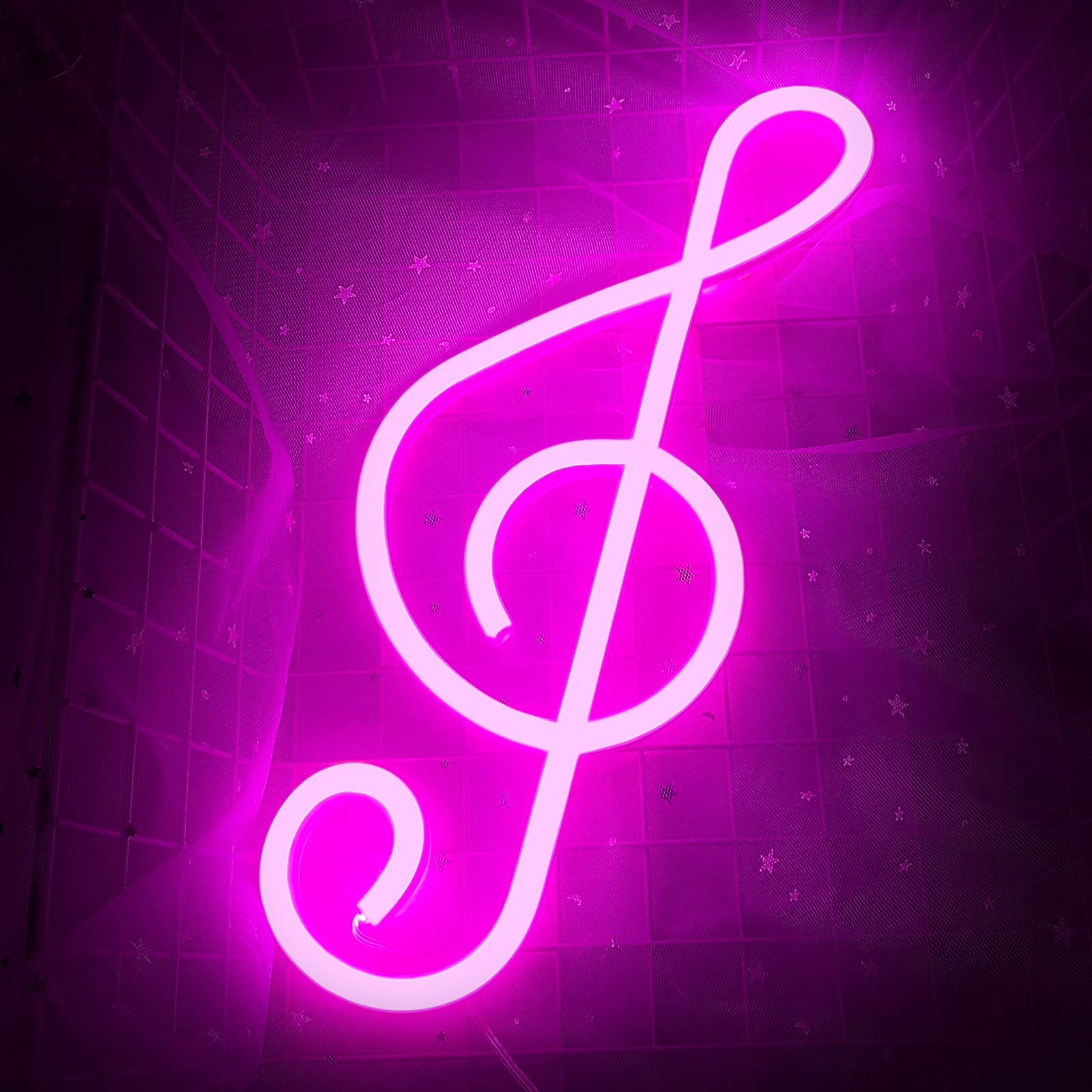 Music Note Neon Sign for Wall Decor, Cisteen Led Neon Light Wall Sign Hanging Art Light Children Light for Kids' Bedroom, Music studio, Party, Christmas (USB Charging/Battery Powered) (Pink)
