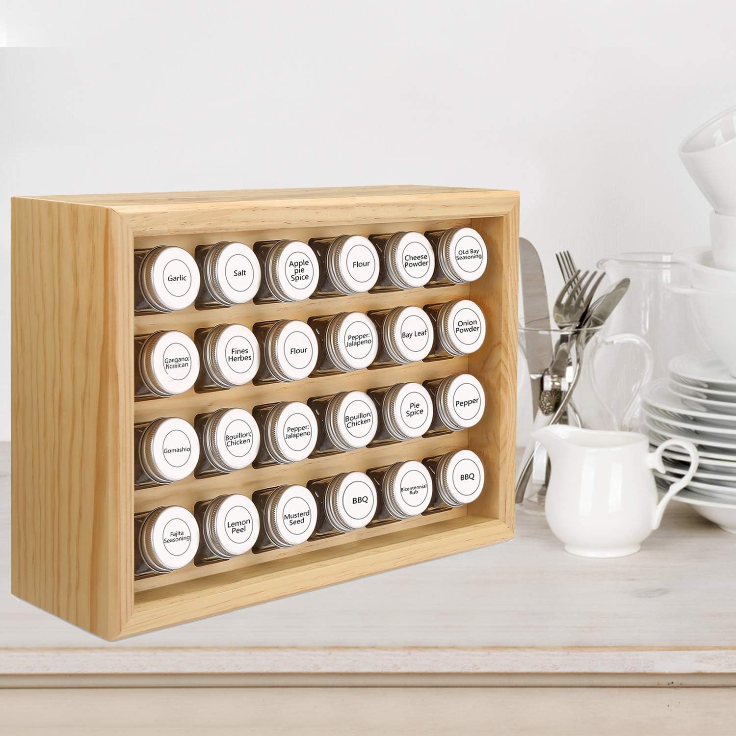 URFORESTIC 100% Solid Wood Spice Rack, Includes 24 4oz Clear Glass Jars,315 Pre-Printed Labels.Fully Assembled (Natural)