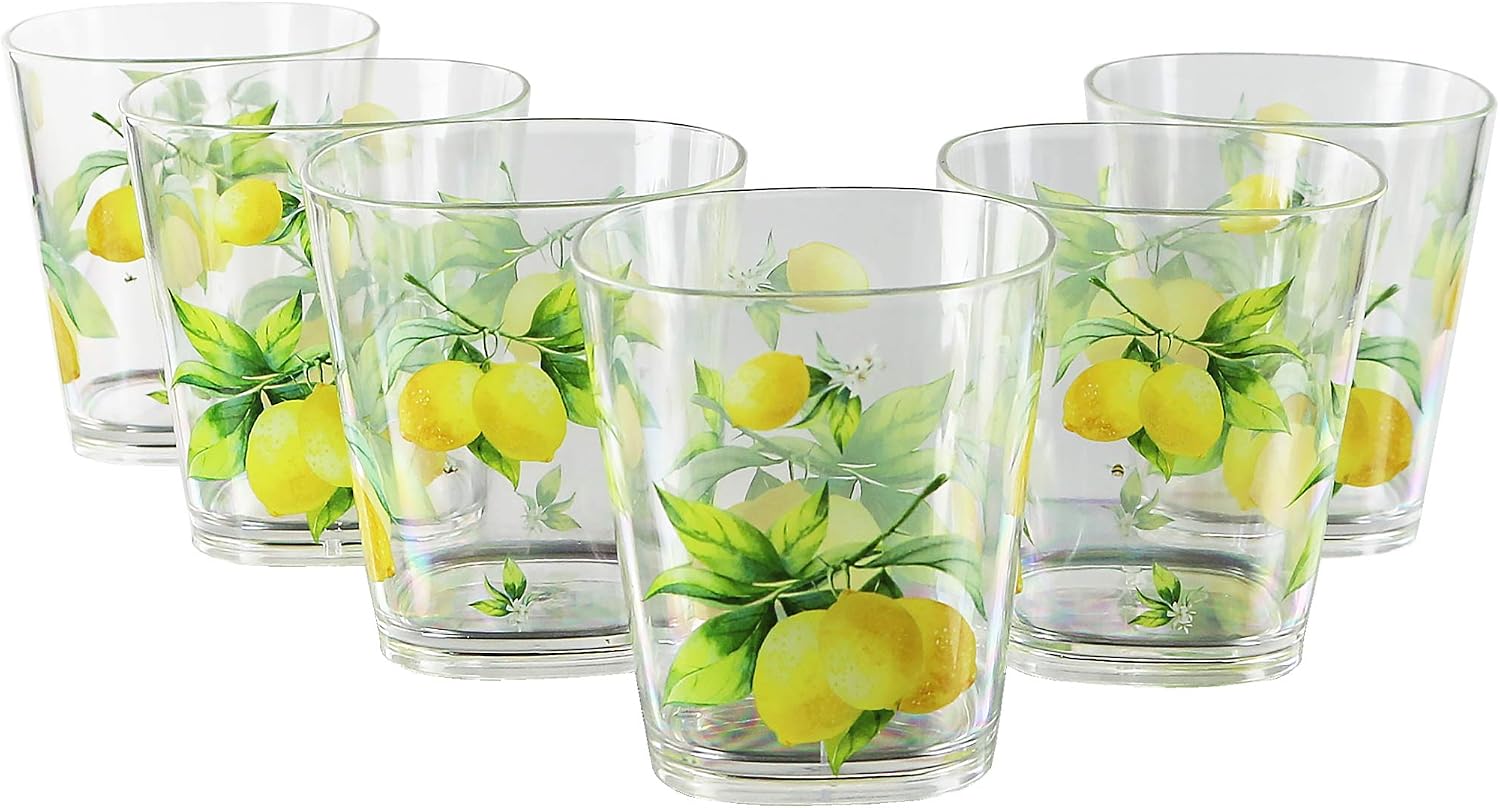Calypso Basics Fresh Lemons by Reston Lloyd, 14oz Acrylic Rock Drinkware, Set of 6, white, lemon, green