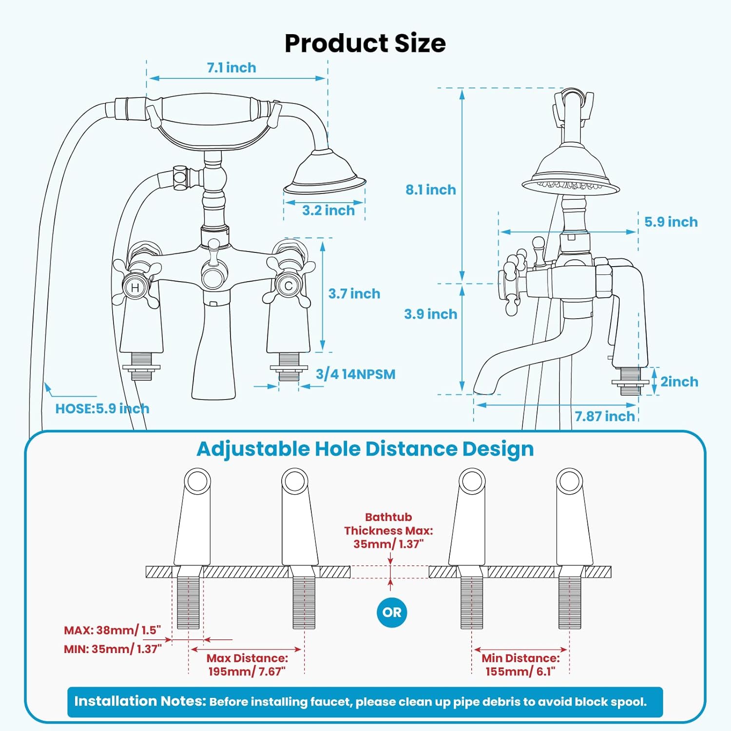 Brushed Nickel Wall-Mounted Clawfoot Tub Faucet with Handheld Shower