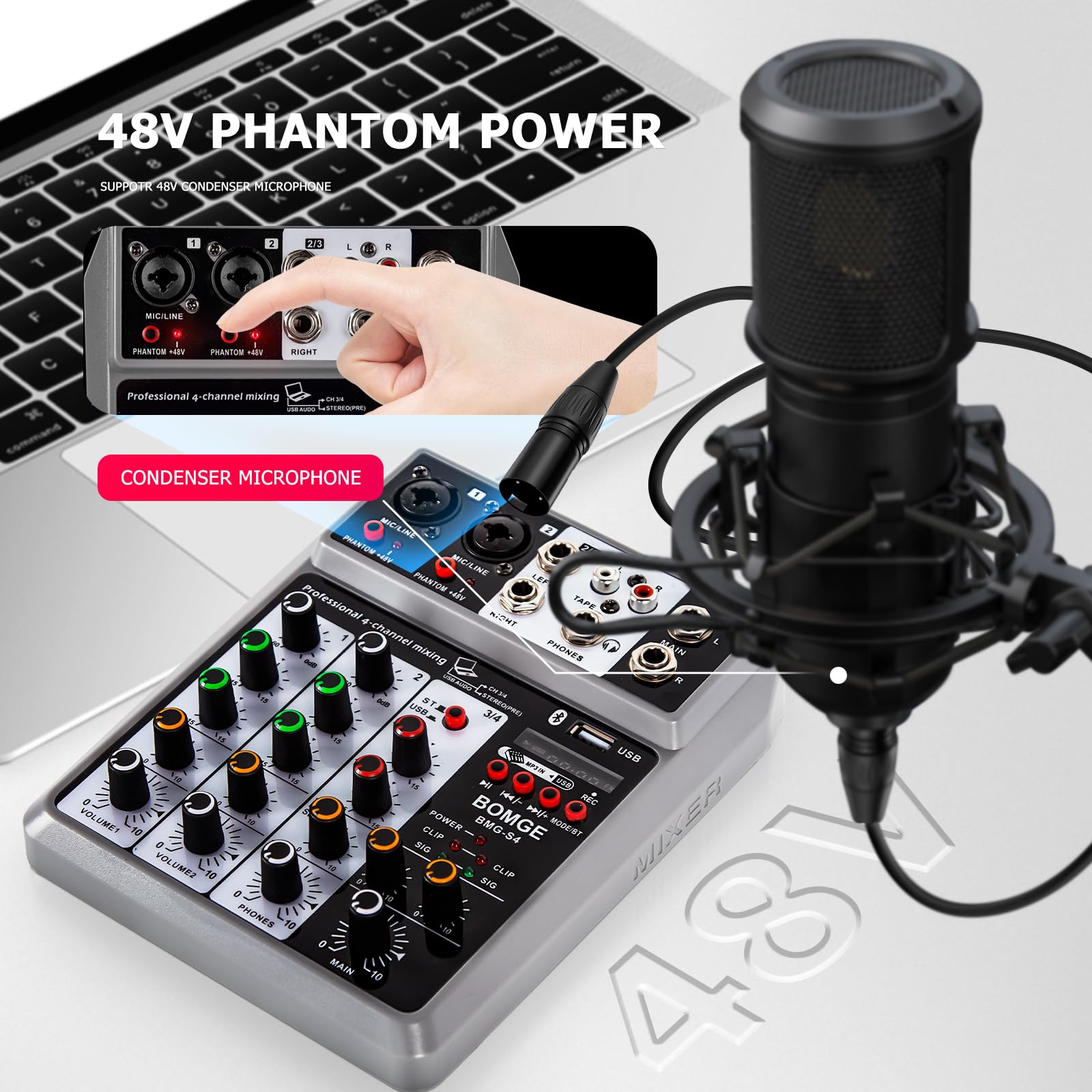 BOMGE Professional Audio Mixer, Sound Board Mixing Console with 4 Channel Digital USB Bluetooth Echo Delay Effect, Input 48V Phantom Power Stereo DJ Mixers for Recording, Live Streaming, Podcasting
