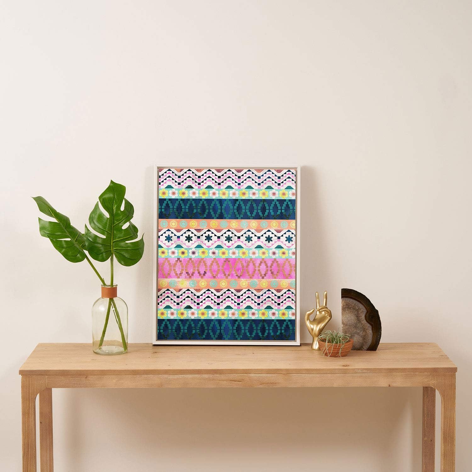 Deny Designs Schatzi Brown Aviana Boho Stripe White Framed Art Canvas, 16" x 20", Pink