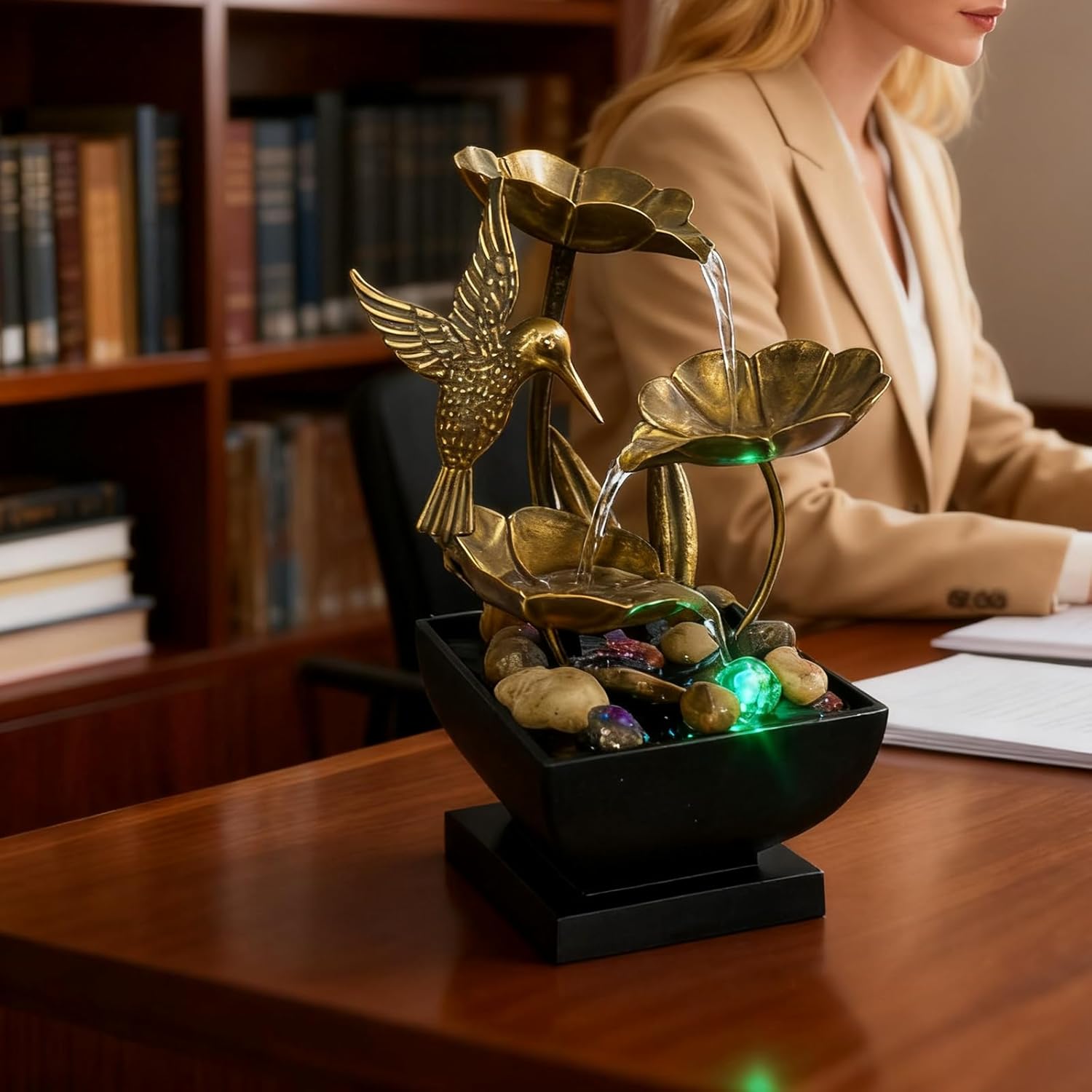 AOZITA Tabletop Fountain: Distressed Bronze Lotus with Hummingbird, LED Lights & River Rocks - Indoor Zen Waterfall for Office Bedroom Relaxation