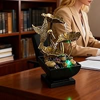 AOZITA Tabletop Fountain: Distressed Bronze Lotus with Hummingbird, LED Lights & River Rocks - Indoor Zen Waterfall for Office Bedroom Relaxation