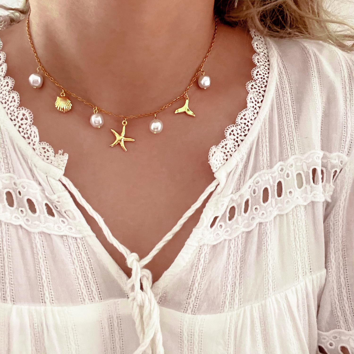Collar con dijes para mujer, perla, estrella de mar, concha, oro de 14 quilates, regalo de joyería para surfista de playa de verano, mediano, latón,