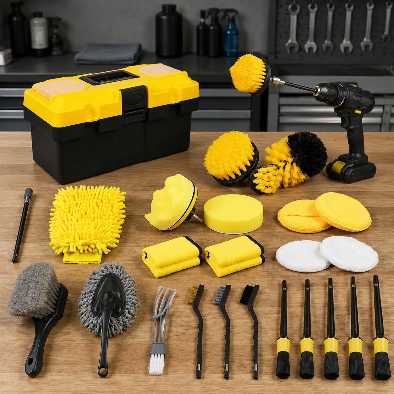 27-teilig Auto Reinigungsset, Autowaschbürste Bohrmaschine, Detailing Set für Innen & Außen, Autopflege Set komplett, Gelb
