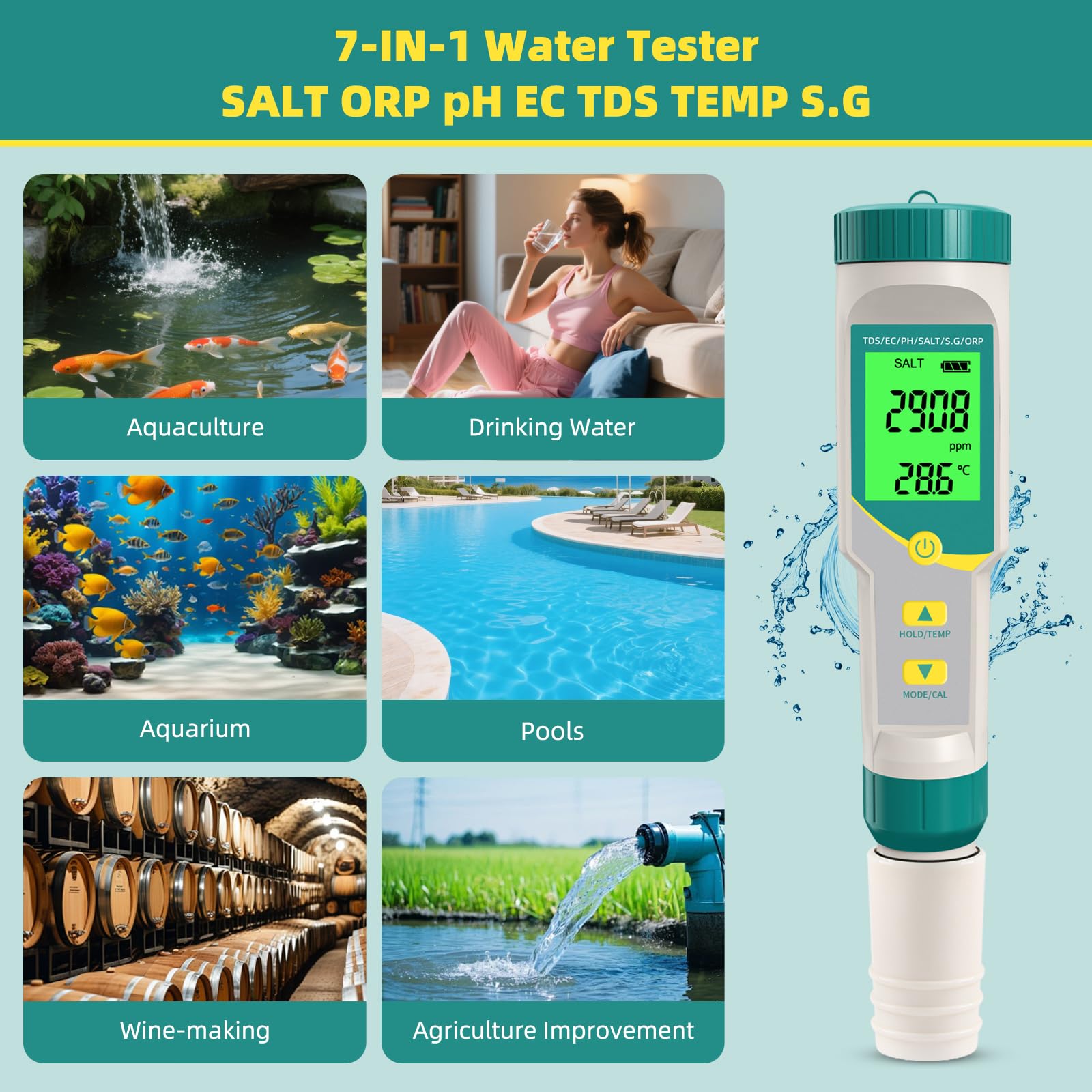 Salzgehalt pH Pool Messgerät, 7 in 1 Salzgehalt Pool Messen für Salzwass Pool, pH Chlor Messgerät pool Wassertester TDS ORP Messgerät für Salzwasser Chlor Pool, Aquarium, Whirlpool