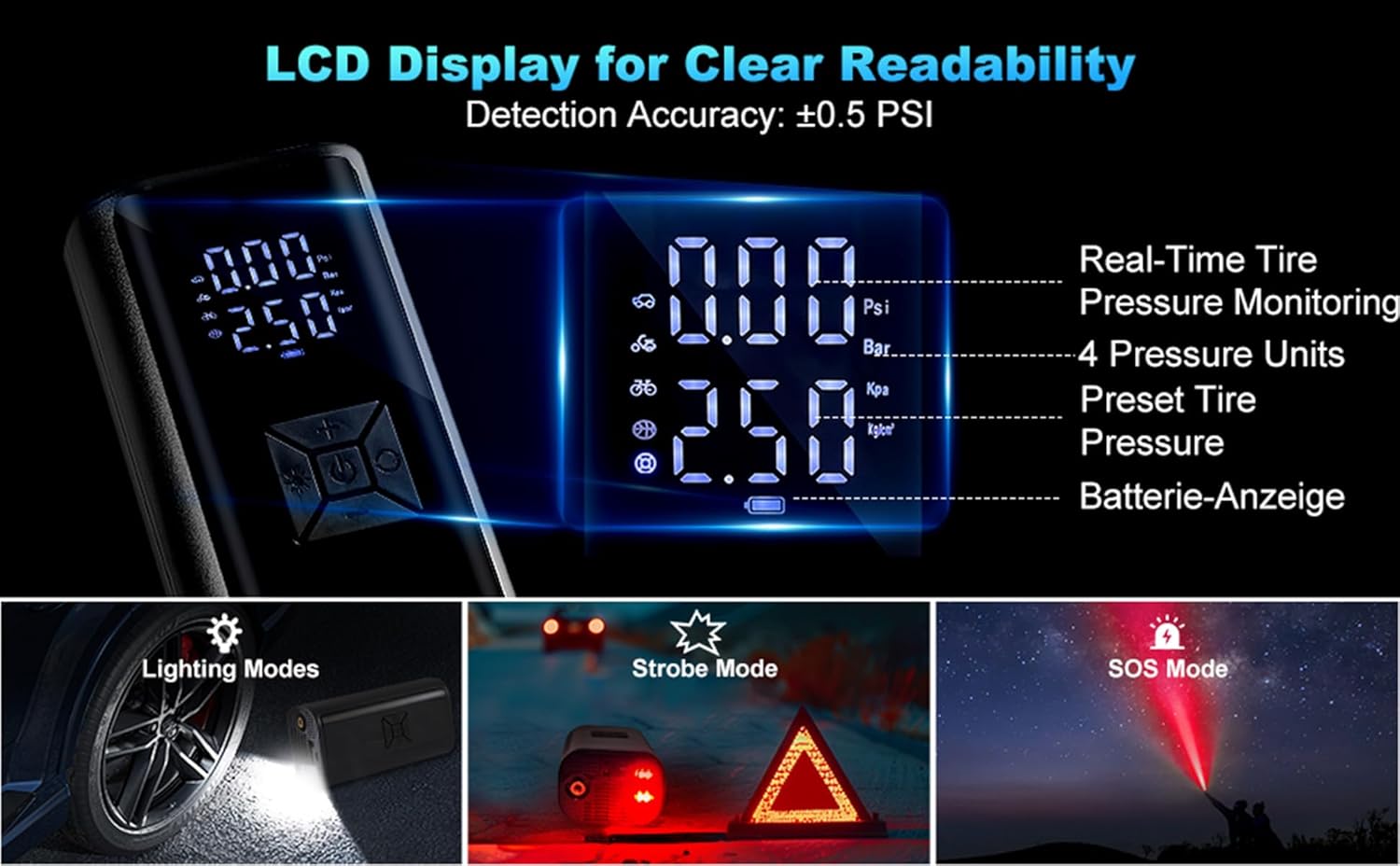 Tire Inflator Portable Air Compressor with LED Light, POLEDY Electric Bicycle Pump, Cordless Inflator Portable with Digital Gauge, Auto Shut Off, Battery Air Compressor for Car Bike Motorcycle Ball