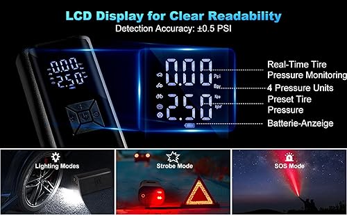 Miniatura 6 de Inflador de neumáticos de inflado rápido con función de memoria, compresor de aire portátil POLEDY 150PSI Mini bomba de aire inalámbrica con medidor